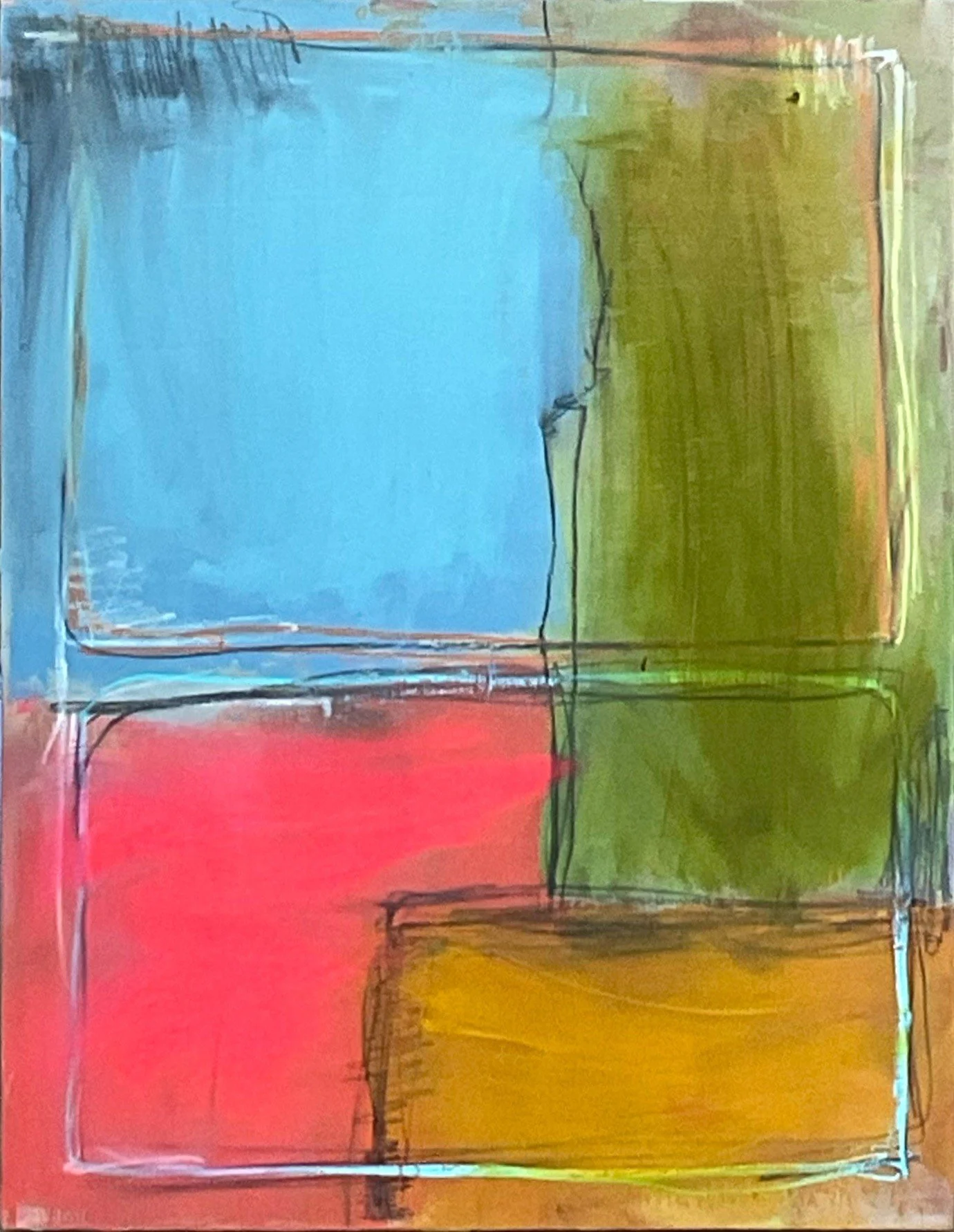 Abstract painting featuring four large squares in blue, green, red, and yellow, outlined with thin black lines.
