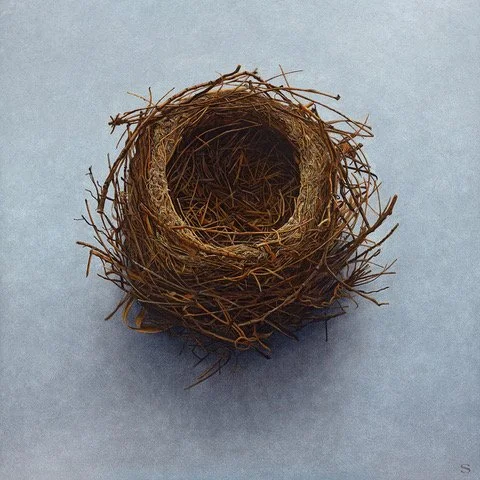 Zintkála Owayawa — The Bird’s Place of Learning — is a 36×36" original oil painting rooted in Lakota language and symbolism. A blend of Zintkála (bird) and Owayawa (school or place of learning), the title evokes the image of a nest—where life begins,