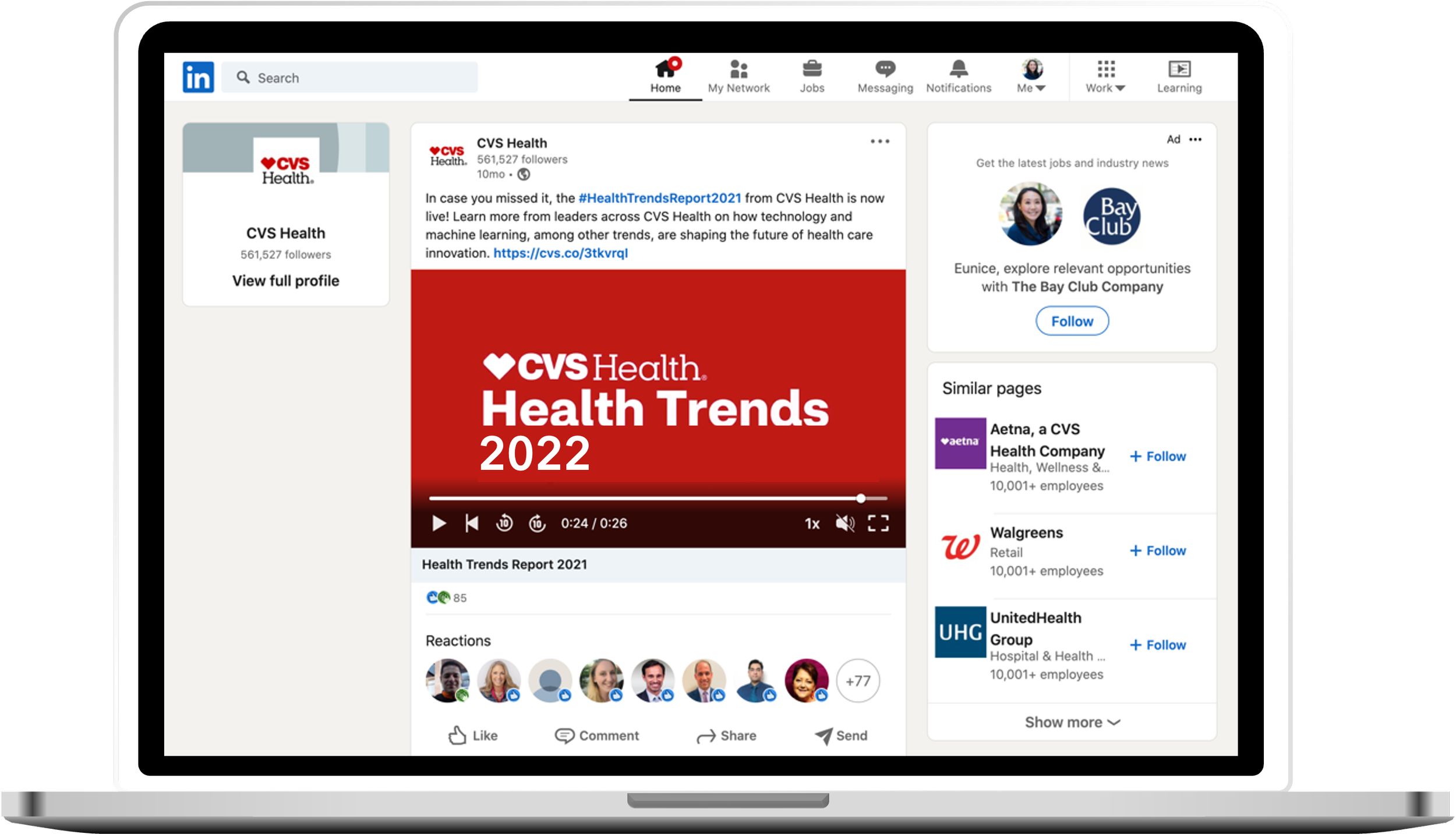 Laptop showing the CVS Linkedin profile page. Highlighting a video the was created to promte the 2022 Heath Trends Report