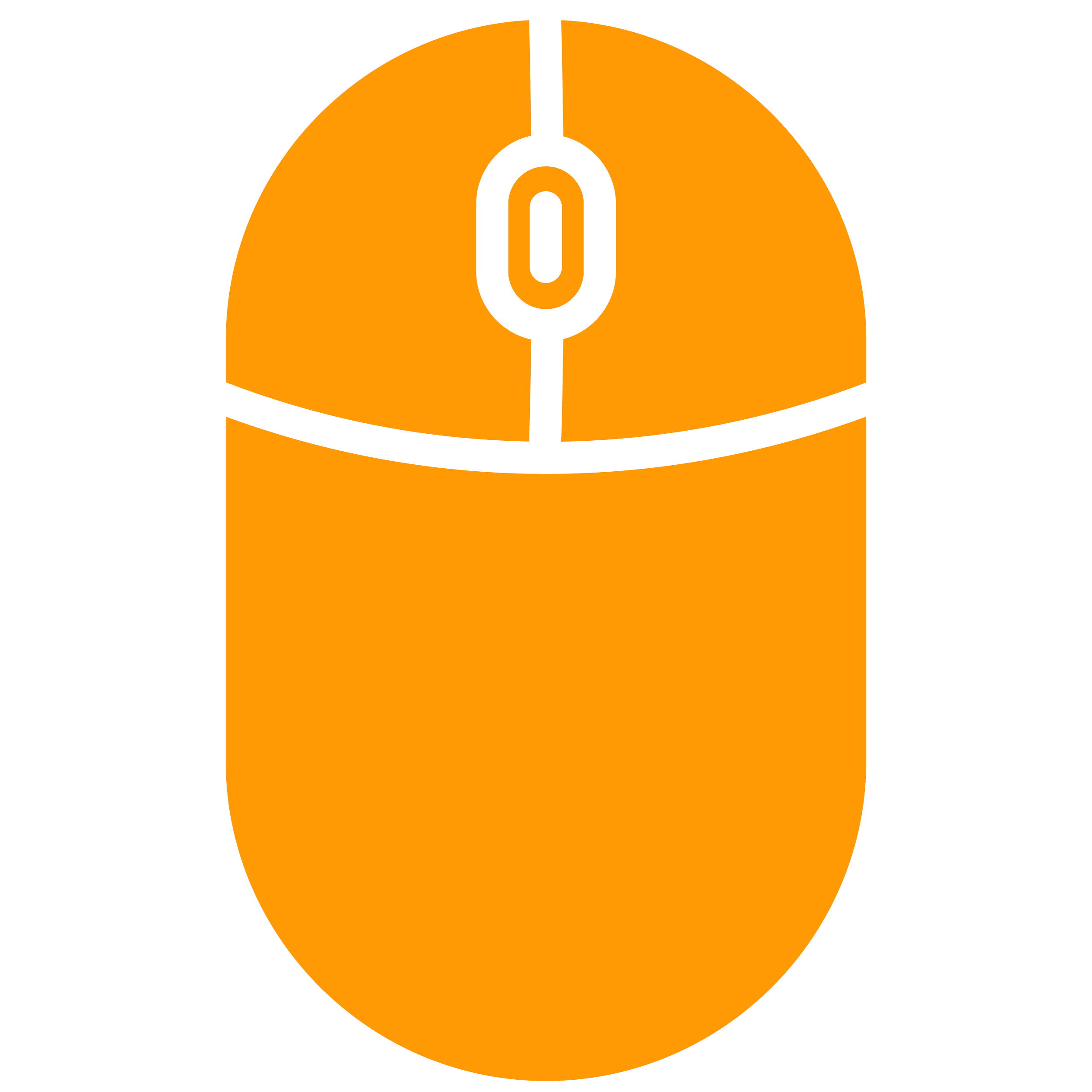 An orange computer mouse with a black scroll wheel.