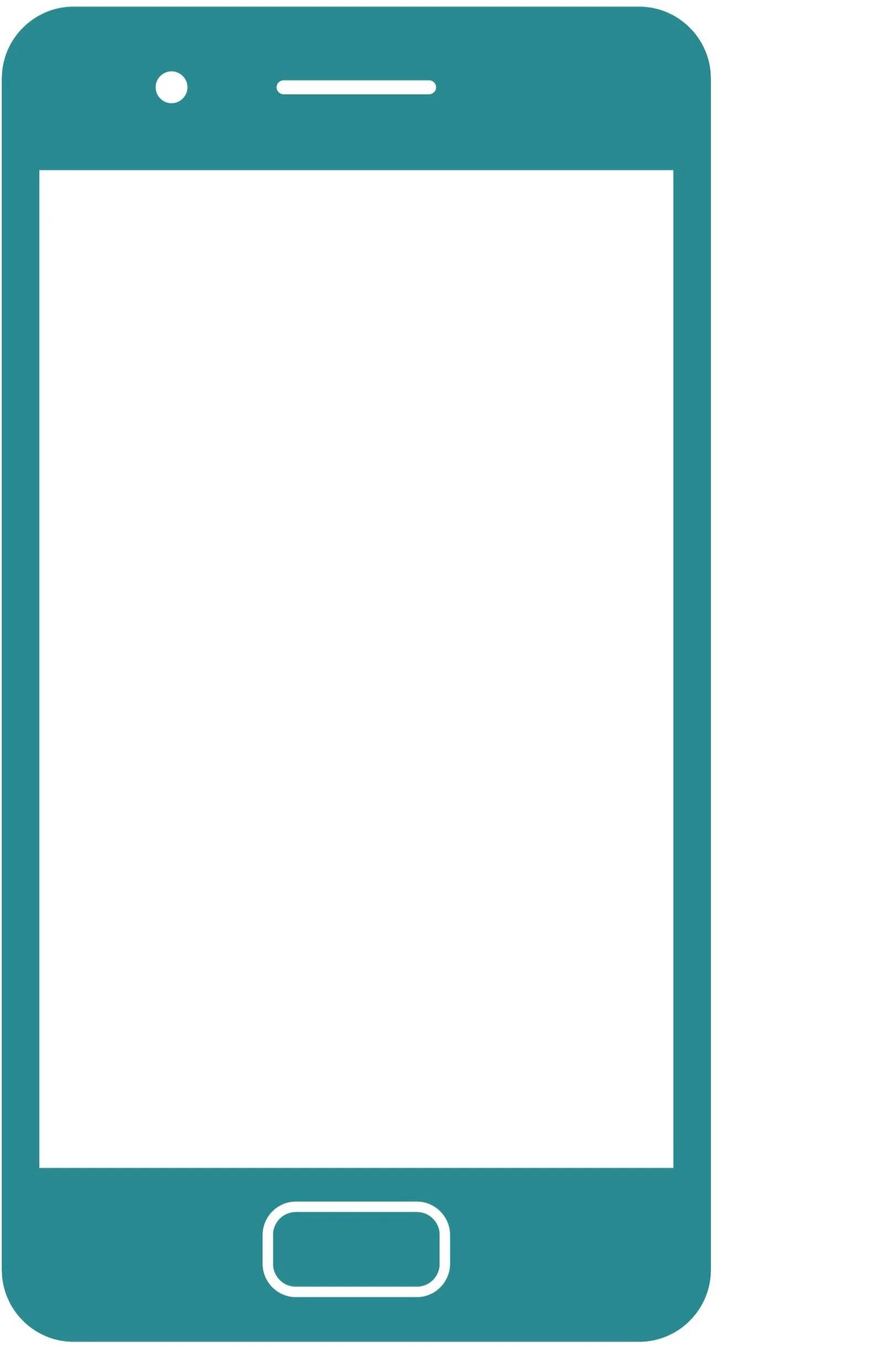 Illustration of a smartphone with a teal body and a black screen, featuring a front-facing camera and a home button.
