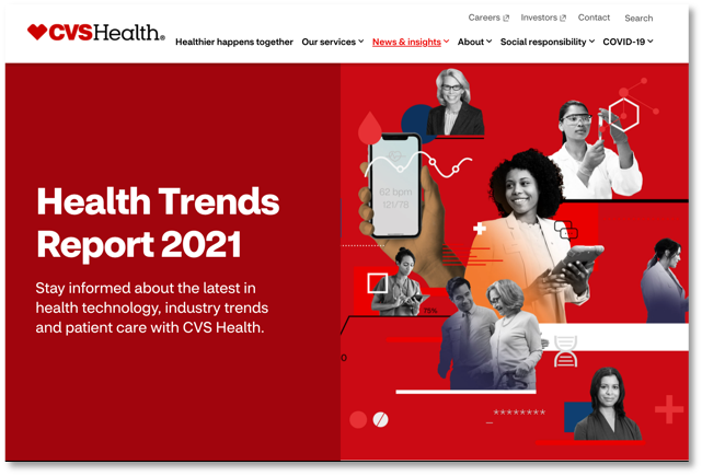 mixture of images huighlightng caregivers supporting patients.Text promoting the publishing of a new report covering health trends in 2021.