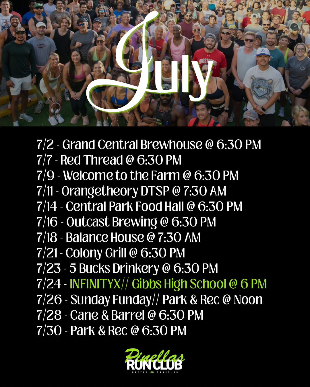Pinellas Run Club monthly run schedule with meetup locations and times in St. Petersburg, FL