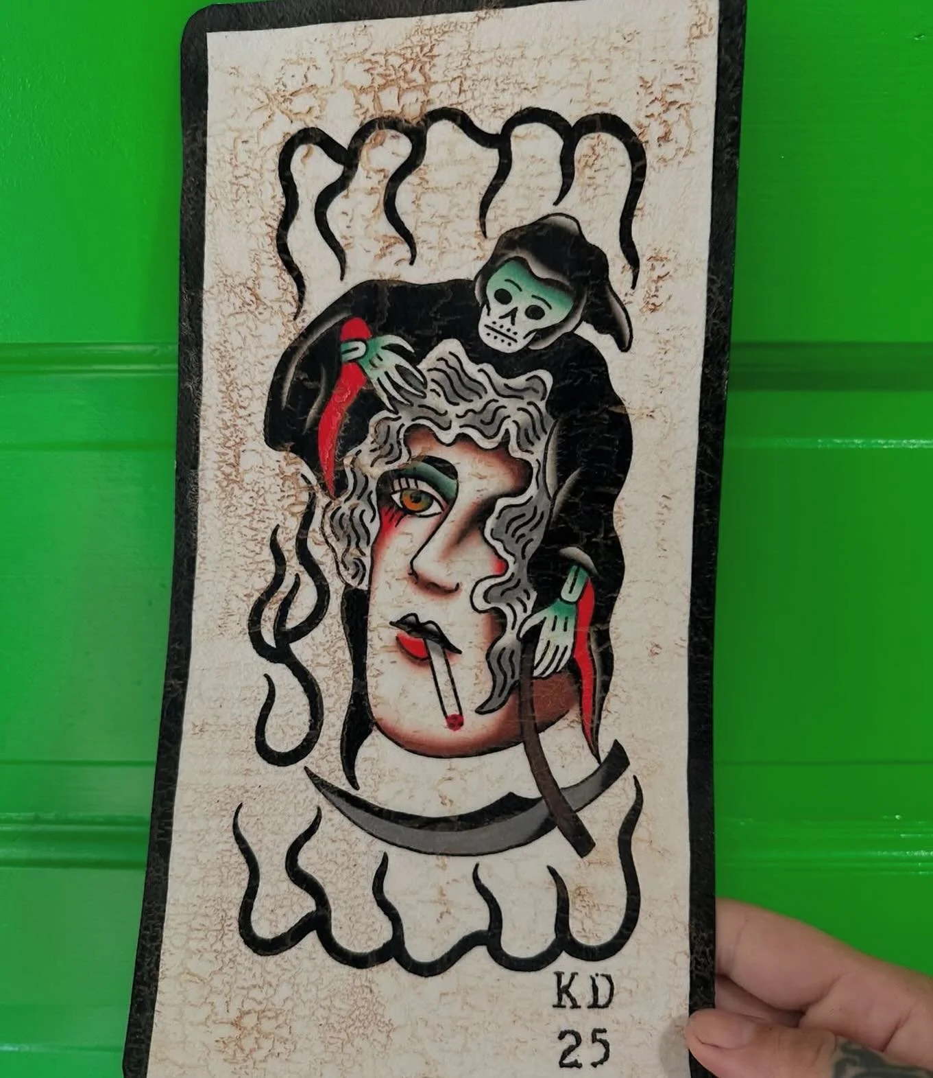 Painting by Kirk. Not from an iPad, done the classic way. He can tattoo this on you or any of his other designs (he has hundreds). He had lots of openings coming up, check his page for more details. If you haven&rsquo;t gotten a tat from Kirk you hav