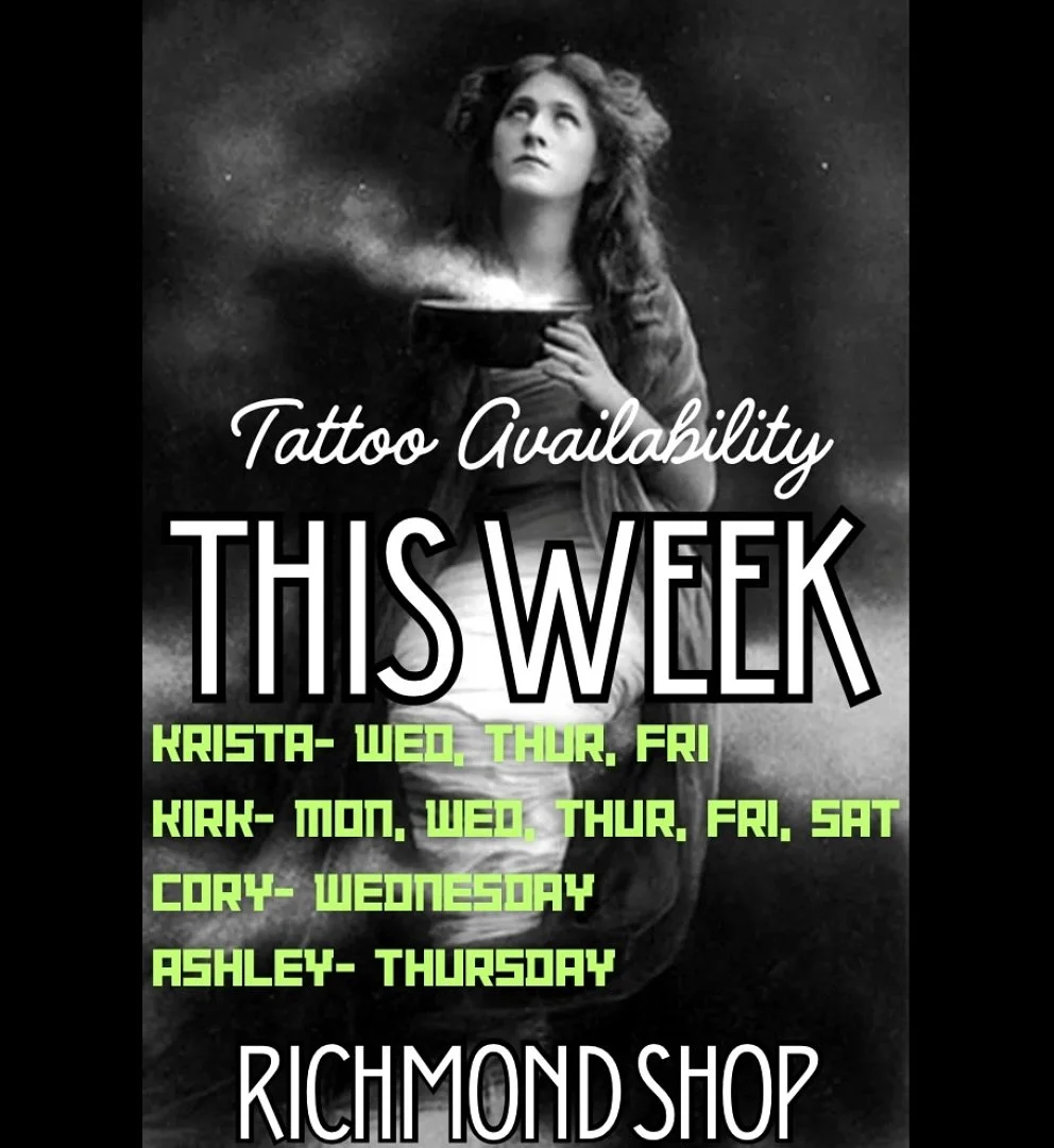 🚨🚨🚨 We have availability to tattoo you in Richmond this week!!! With @k.raetattoos @kirk.tattoos @painlesscoryd and @flashley_tats . They all want to tattoo you!!! Don&rsquo;t sleep, make an appt!!!!