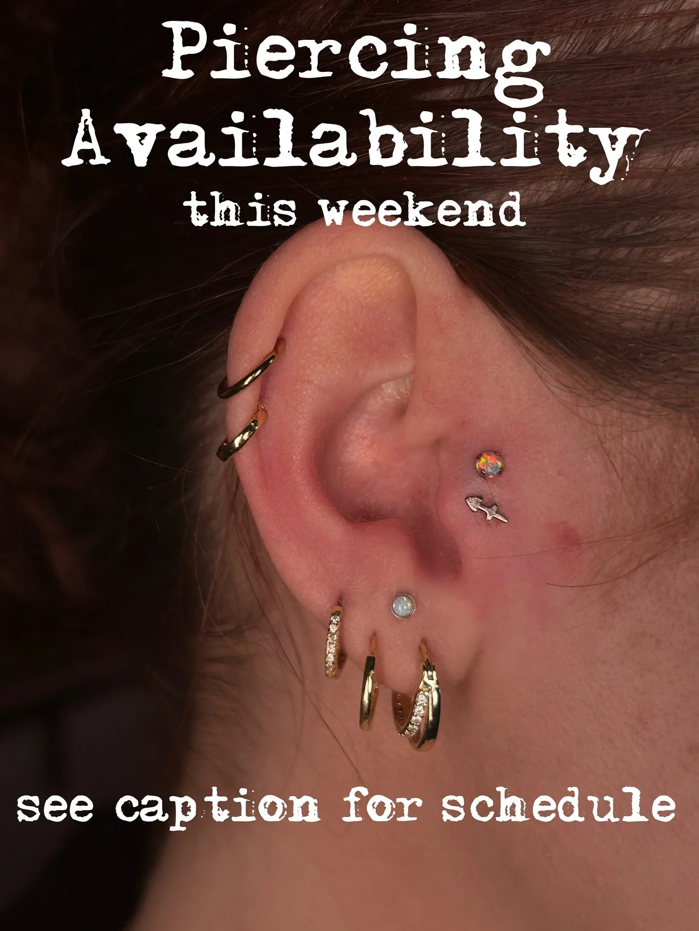 Hello everyone! Cait will be in today from 4:30-8:00 to make piercing dreams come true, she recently did this gorgeous little double tragus with some of our cute jewelry. We have a ton of jewelry available for you to choose from. Cait will also be in