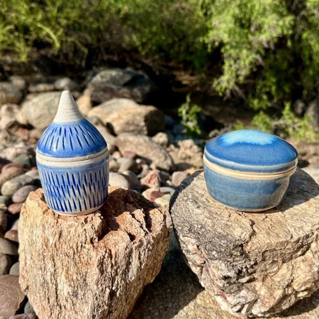 2 small lidded jars, blue celadon