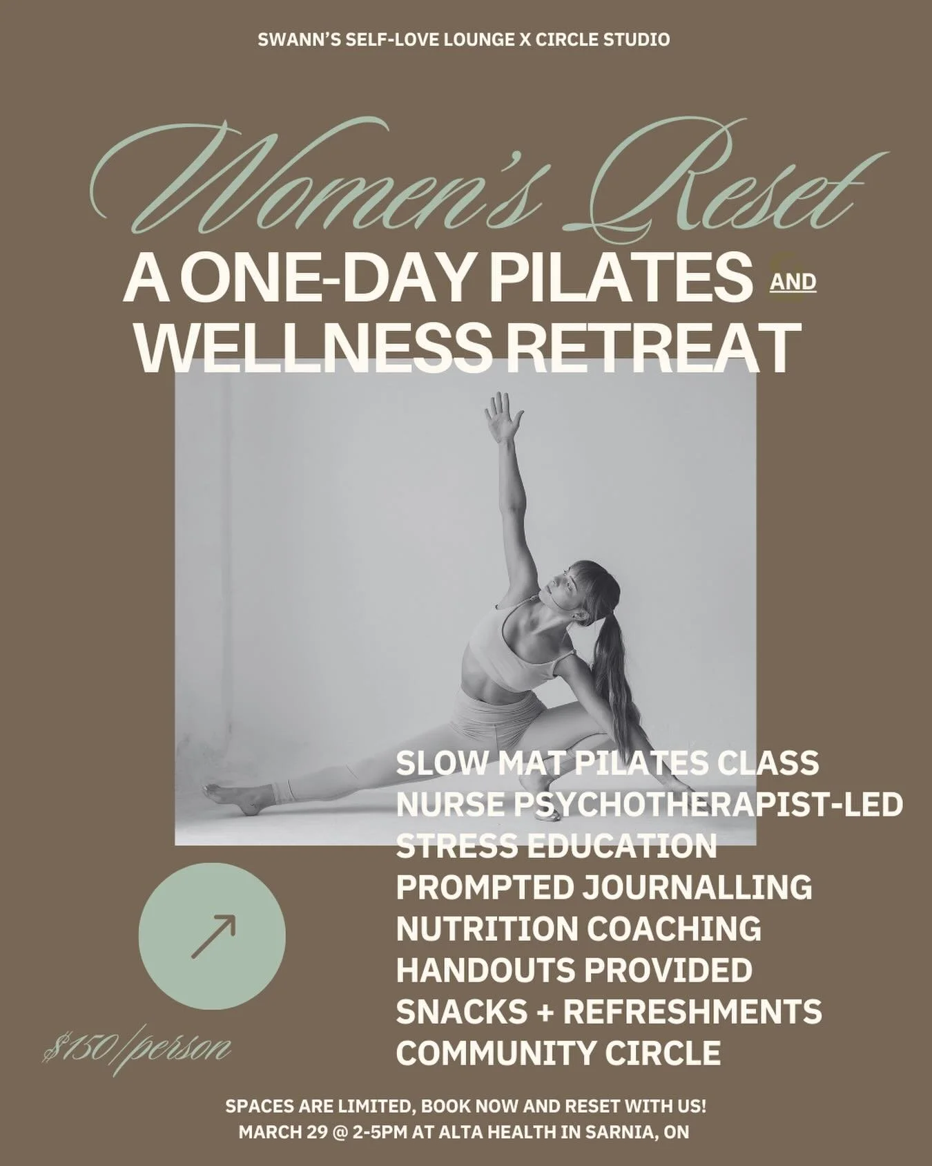 RESET 🔁
A 3-hour Women&rsquo;s Wellness Retreat Collaboration.

Join us on March 29th | 2&ndash;5PM for RESET &mdash; an intentional afternoon designed to help you realign, recharge, and reconnect with yourself.

Hosted in collaboration with a Pilat