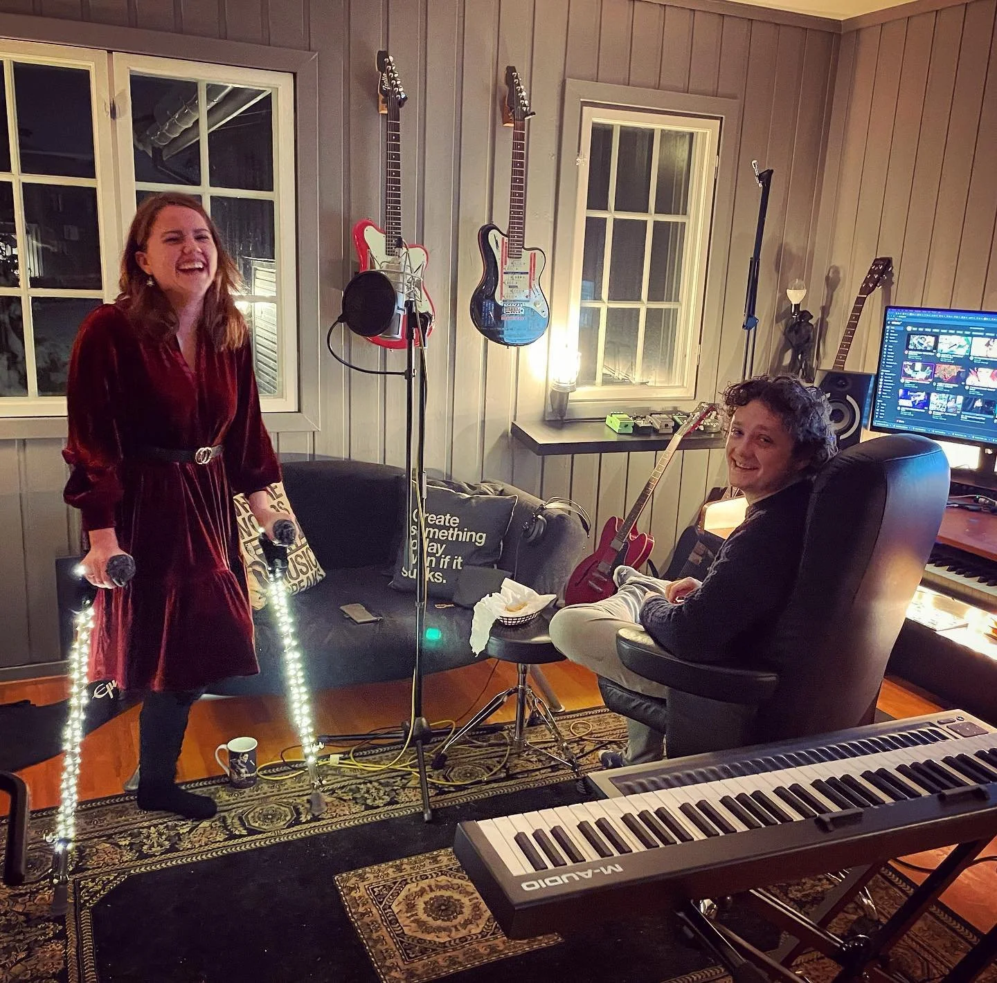 It&rsquo;s December 1st, and since we are currently working with one of our favourite people to finish her beautiful #Christmassong here is a picture of her in the studio last December - with an injured foot, on crutches, that she had decorated with 