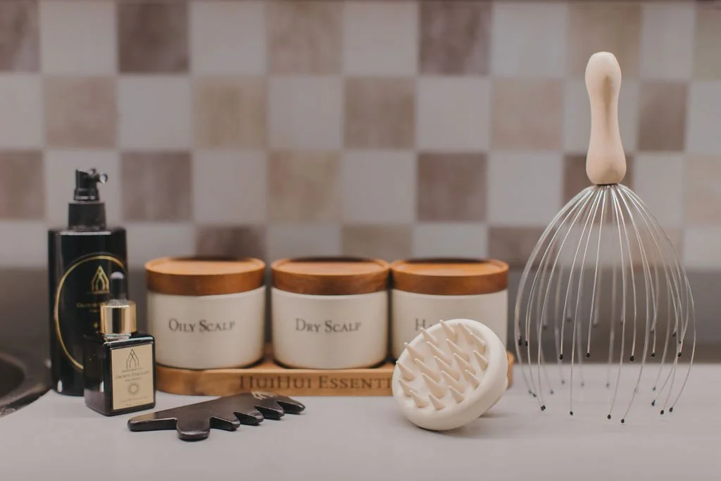 Hair care and grooming products including three labeled containers for oily scalp, dry scalp, and healthy scalp, a black spray bottle, a small bottle with a dropper, a decorative black comb, a white scalp massager, and a hairbrush with a wooden handle, on a gray surface with a light tiled background.