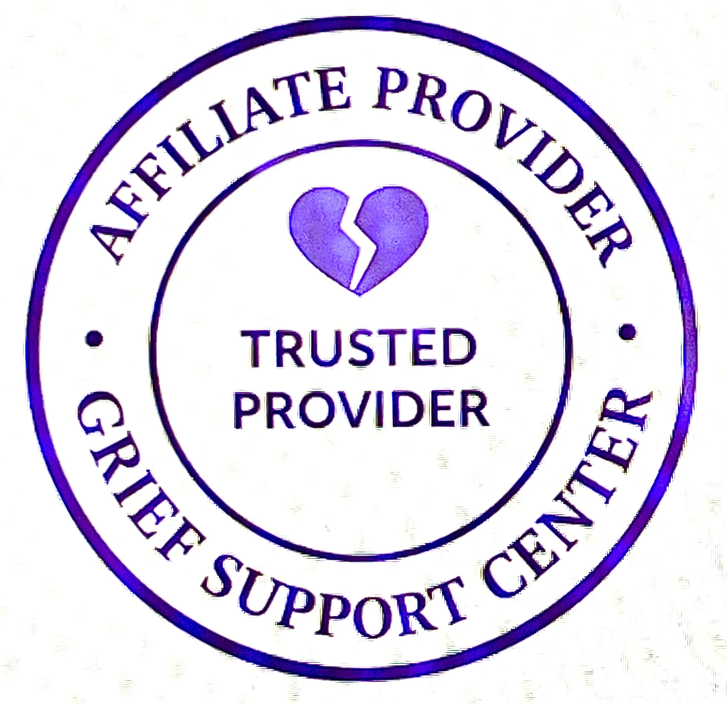 Circular stamp with text reading “AFFILIATE PROVIDER, TRUSTED SUPPORT” , GRIEF SUPPORT CENTER, and a broken heart symbol in the center.
