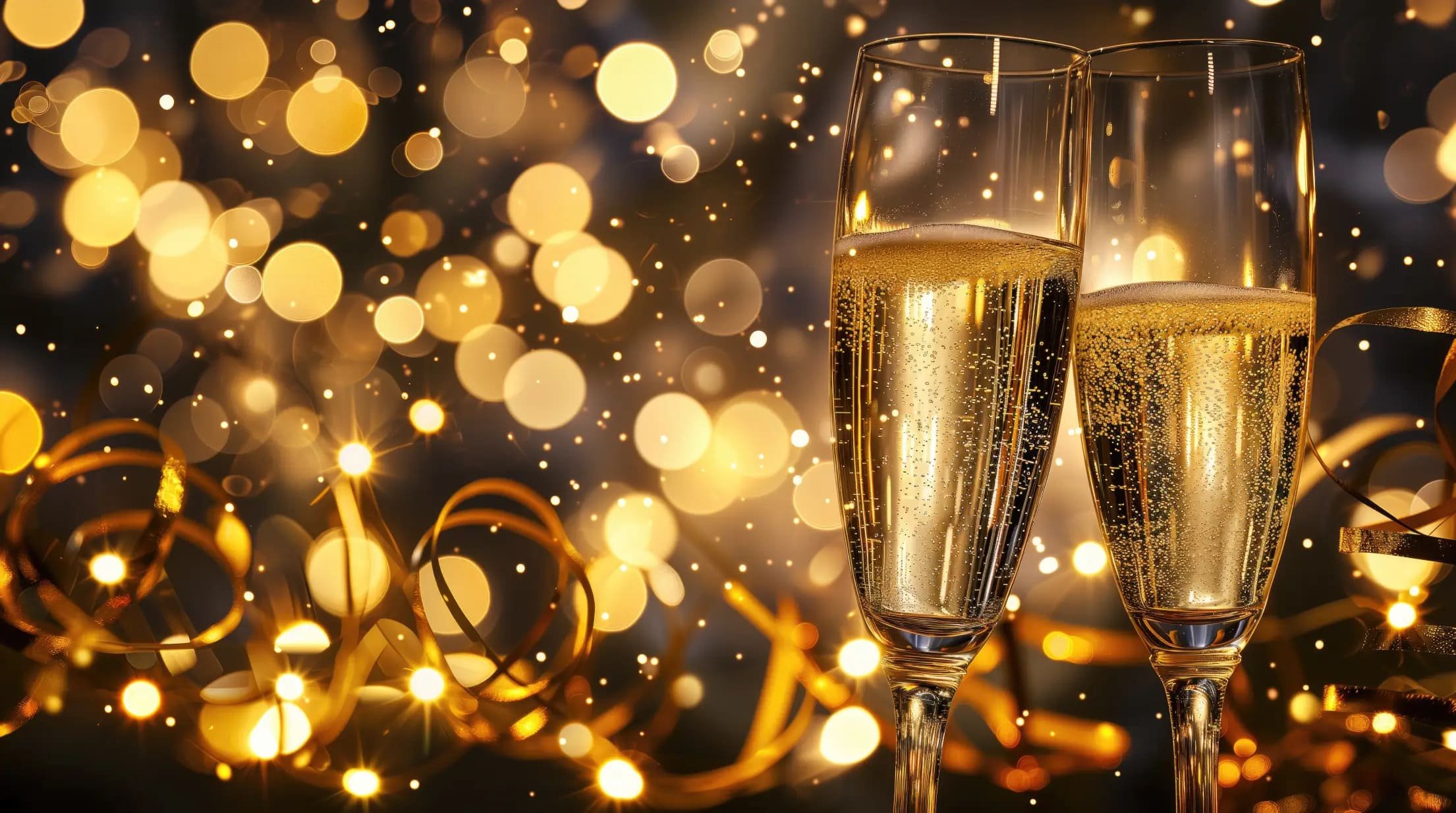 Two glasses of champagne with bubbles, surrounded by gold party decorations and blurred golden lights in the background. New Year's Eve.