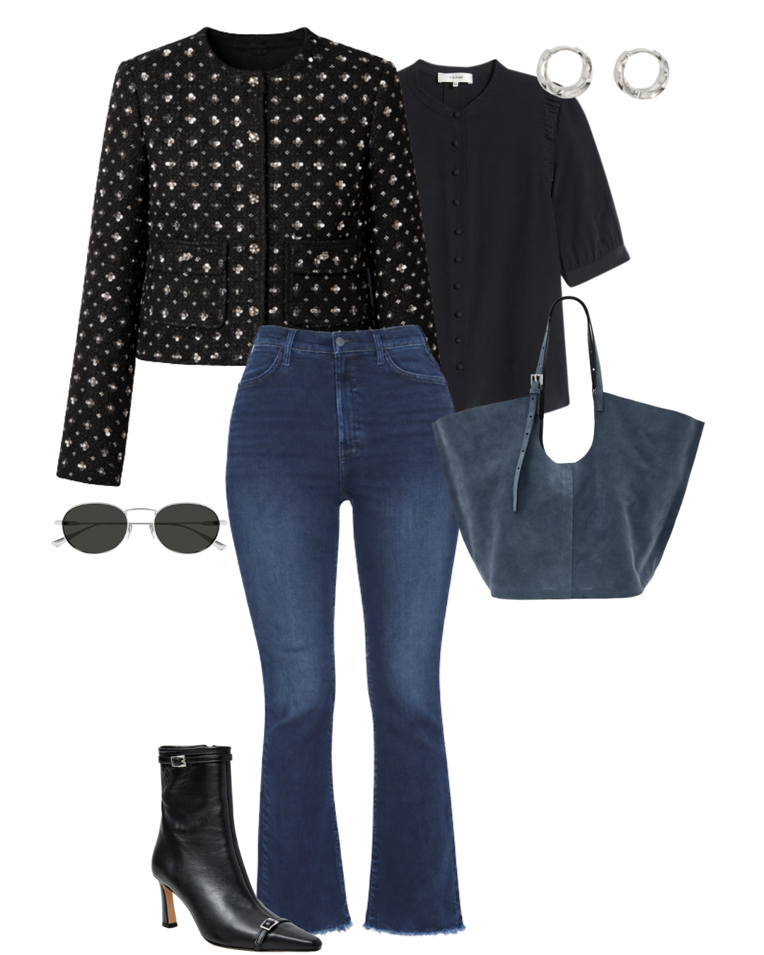 Outfit with black and white patterned jacket, black blouse, blue jeans, black ankle boots, large gray tote bag, silver hoop earrings, black sunglasses.