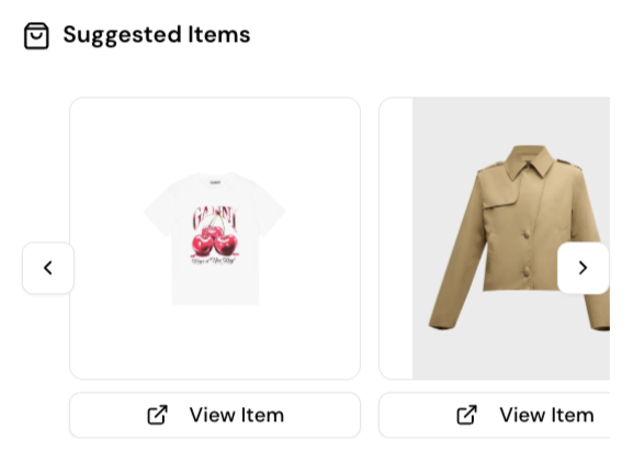 Suggested items showing a white T-shirt with a graphic design of a pair of red cherries and the word 'Cherries' and a tan trench coat.