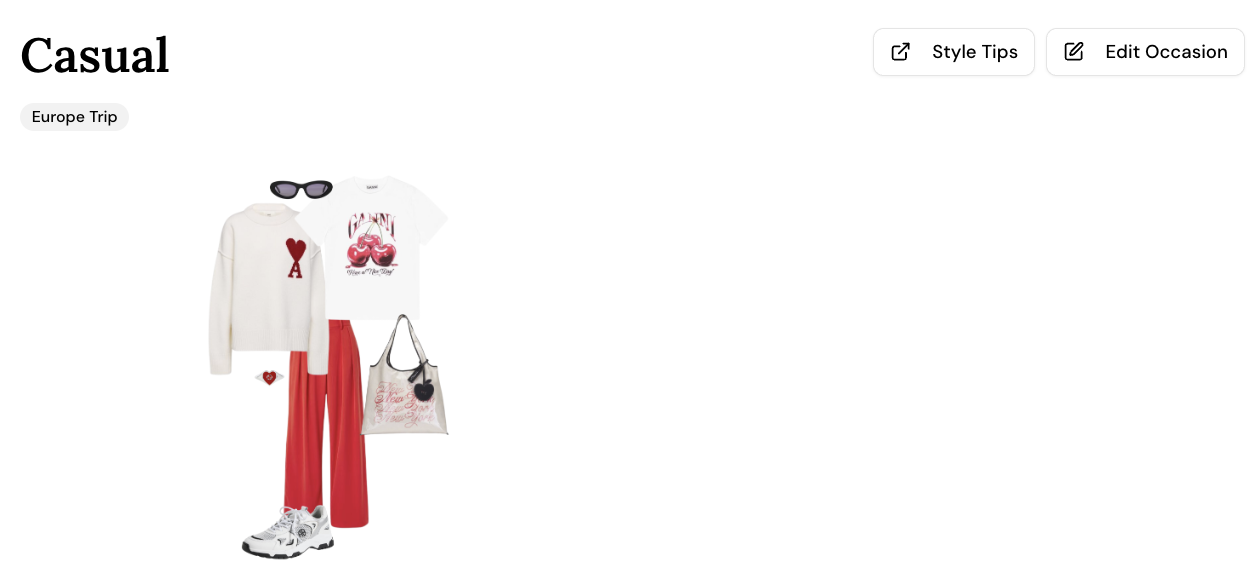 Casual clothing outfit including a white sweatshirt with a red heart and the letter 'A', a white graphic T-shirt with red cherries, red wide-leg pants, white sneakers, black sunglasses, and a white tote bag with pink and black accents.
