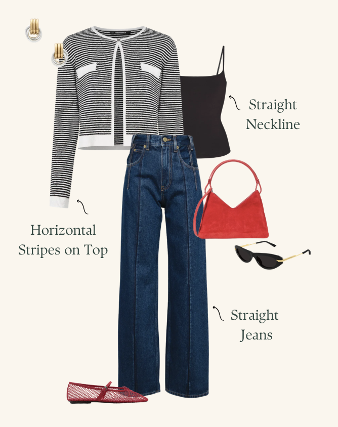 Outfit with a black and white striped top, black camisole with spaghetti straps, straight blue jeans, red handbag, black sunglasses with gold detail, and red shoes with mesh details.