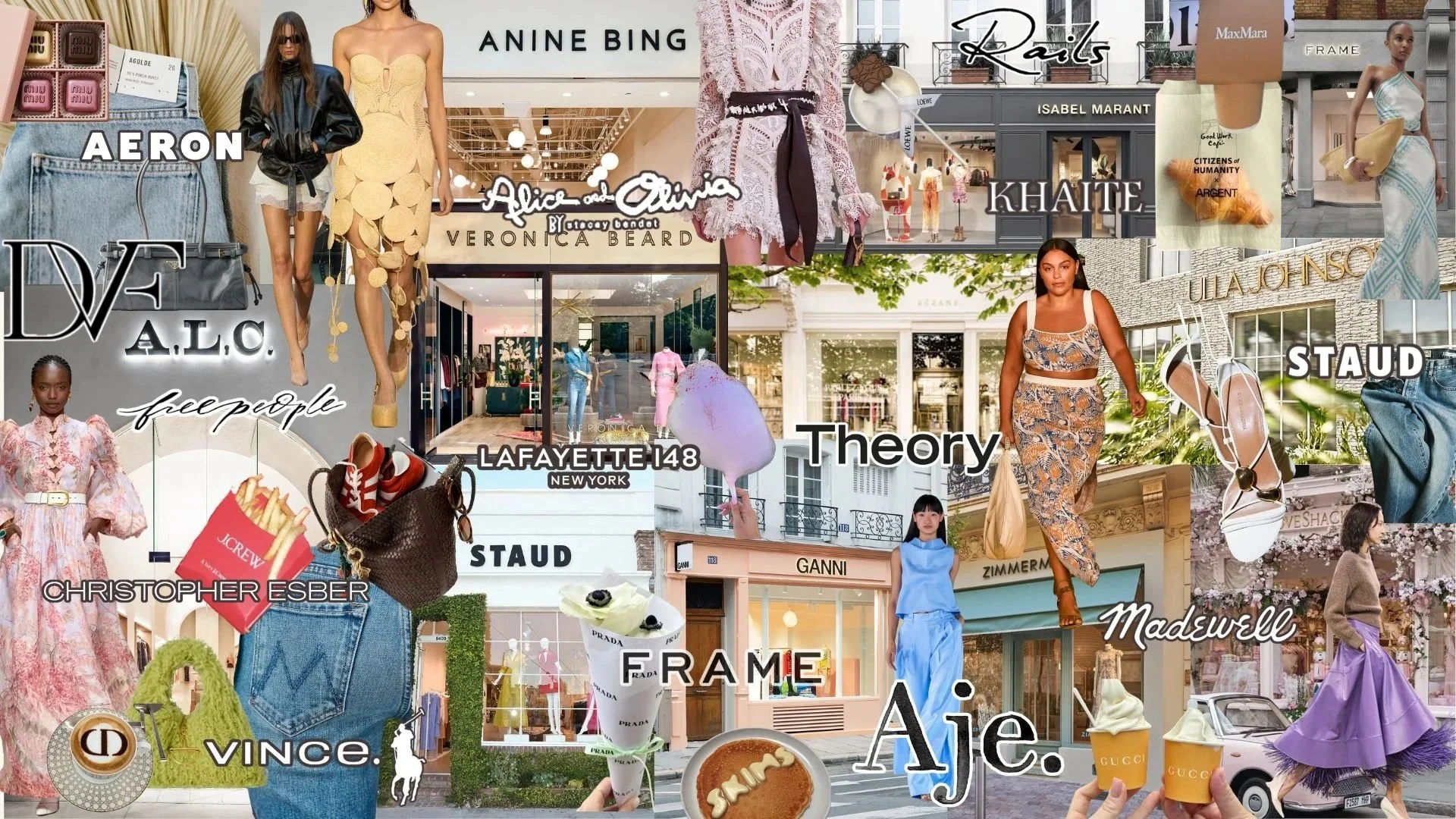 A collage of fashion and shopping scenes featuring models, storefronts, designer brands, accessories, and clothing items, with brand names and fashion-related text overlaying the images.