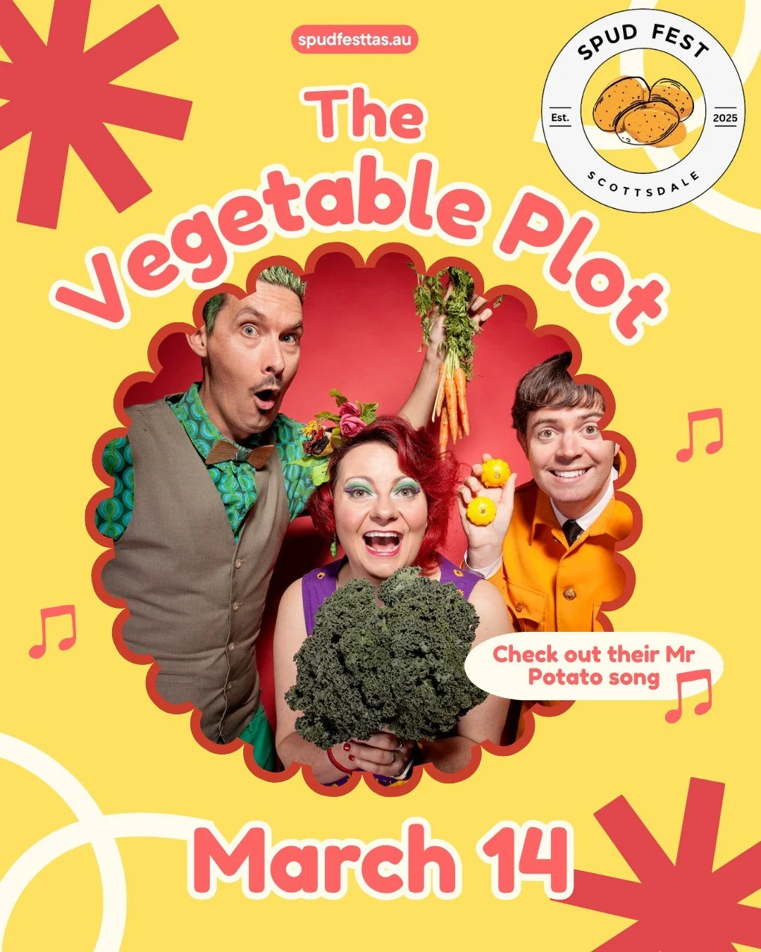 We are very excited to have award-winning Australian children's band 'The Vegetable Plot' coming to Spud Fest this year! They travel around Australia singing about all good things vegetables and are coming down to perform for us.
They recently won Al