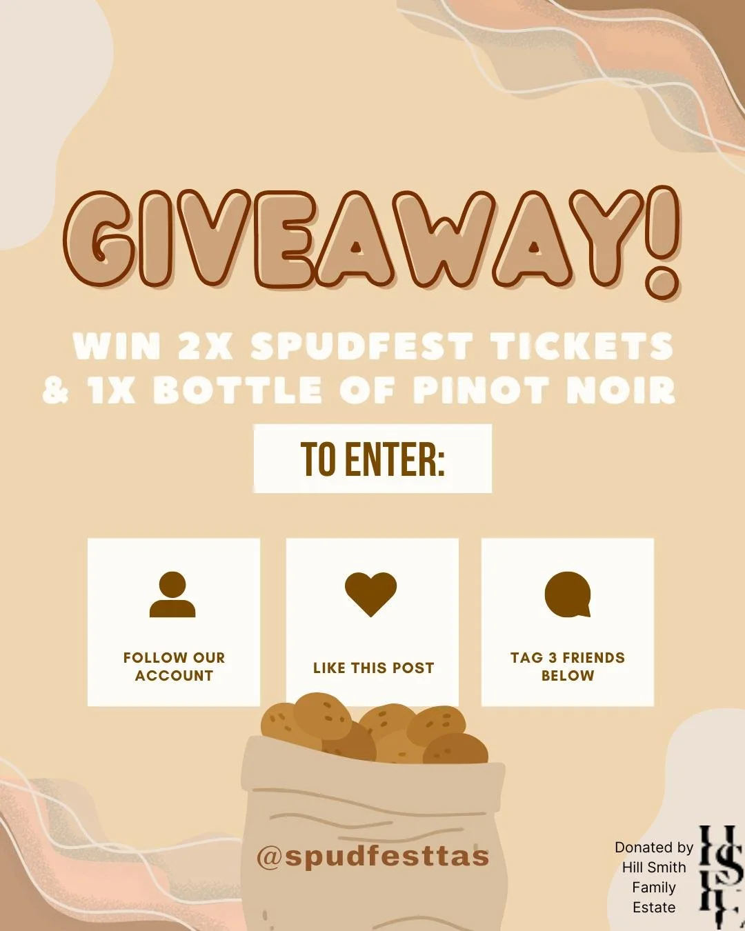 Give Away! There's less than 2 weeks left to Spud Fest and we want to give away 2 x tickets to some lucky people. Hill Smith Family Estate have also generously donated some local wine for the lucky winner to enjoy. Follow, like and tag 3 friends to g