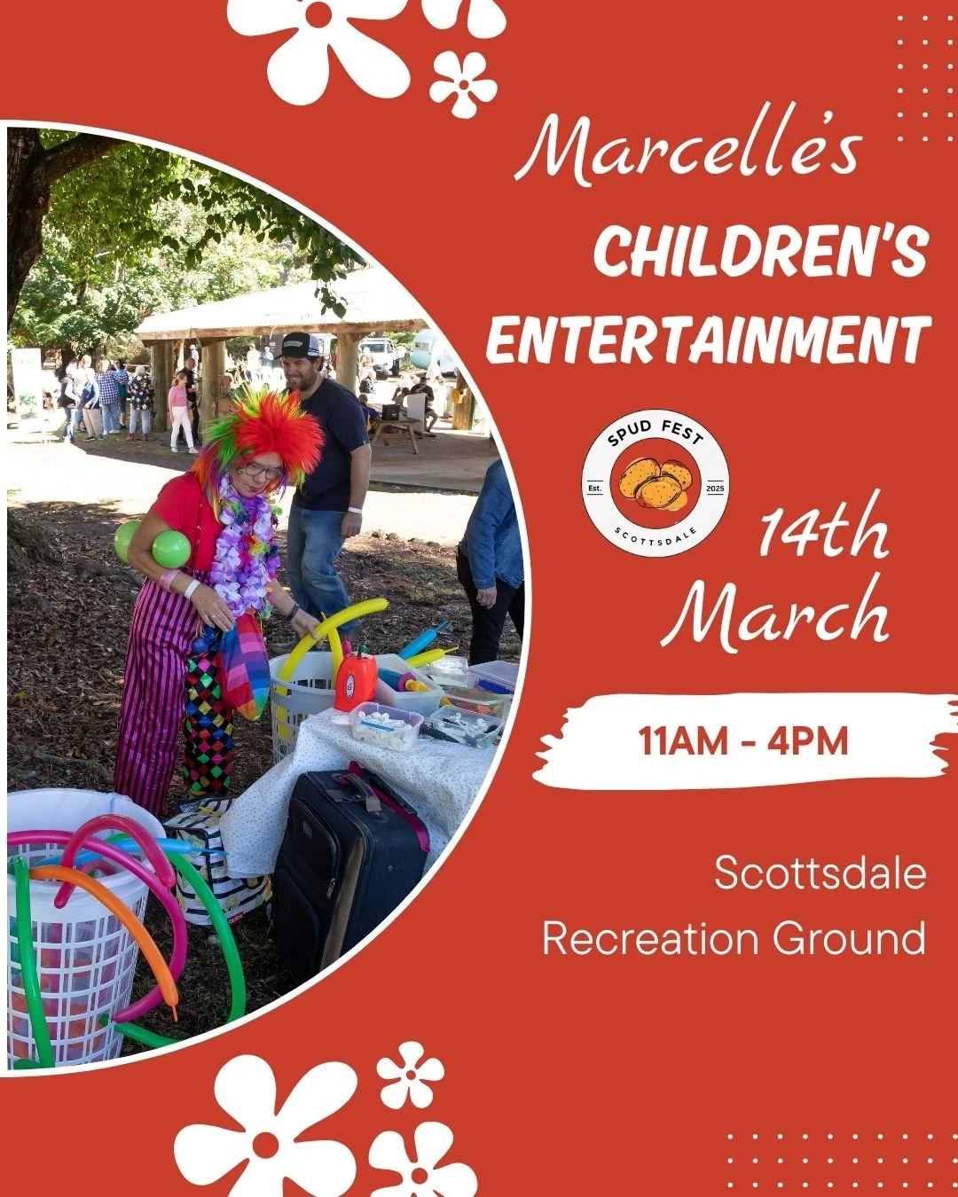 Marcelle is back again this year ready to help the kids (and parents) have a great day out at Spud Fest. Marcelle will be there until 4pm.