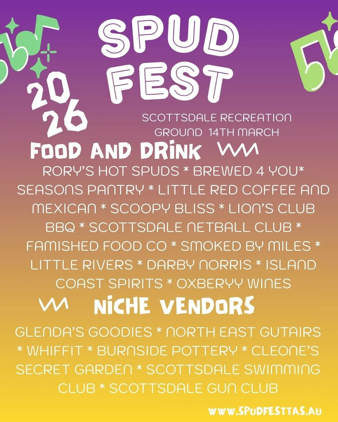 Here's who's attending Spud Fest this Saturday the 14th March. We've heard there'll be potato doughnuts, potato baked in beef tallow, potato sausages, bags of potatoes, Mr Potato Head and so much more. Vendor's if you'd like to share a sneak peak of 