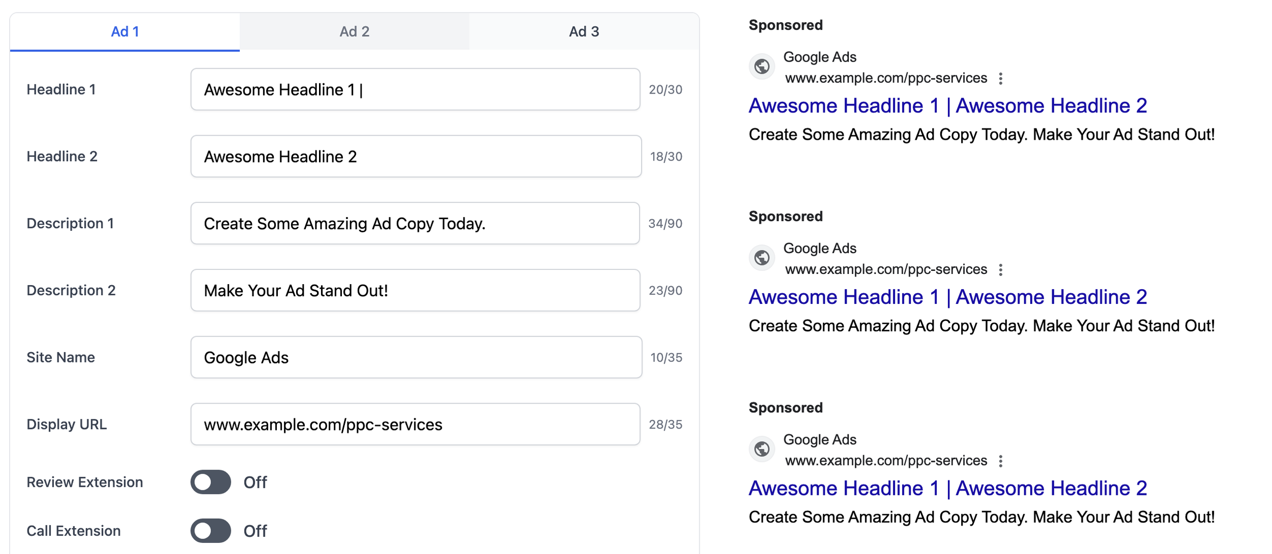 Google Search Ad Mockups