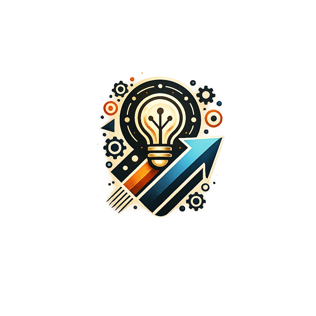 Illustration of a light bulb with gears and an upward arrow, symbolizing innovation and growth.