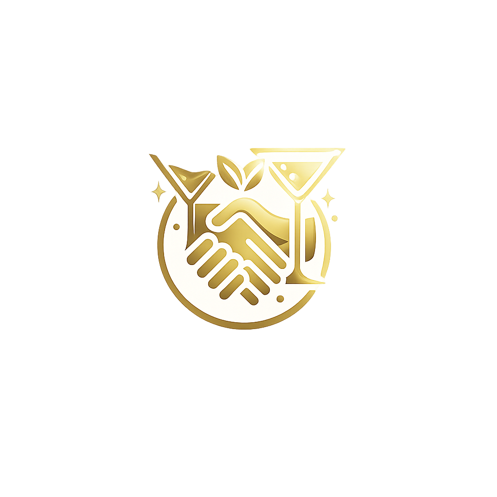 Gold-colored icon of two hands shaking, with a martini glass and a wine glass above, on a black and beige background.