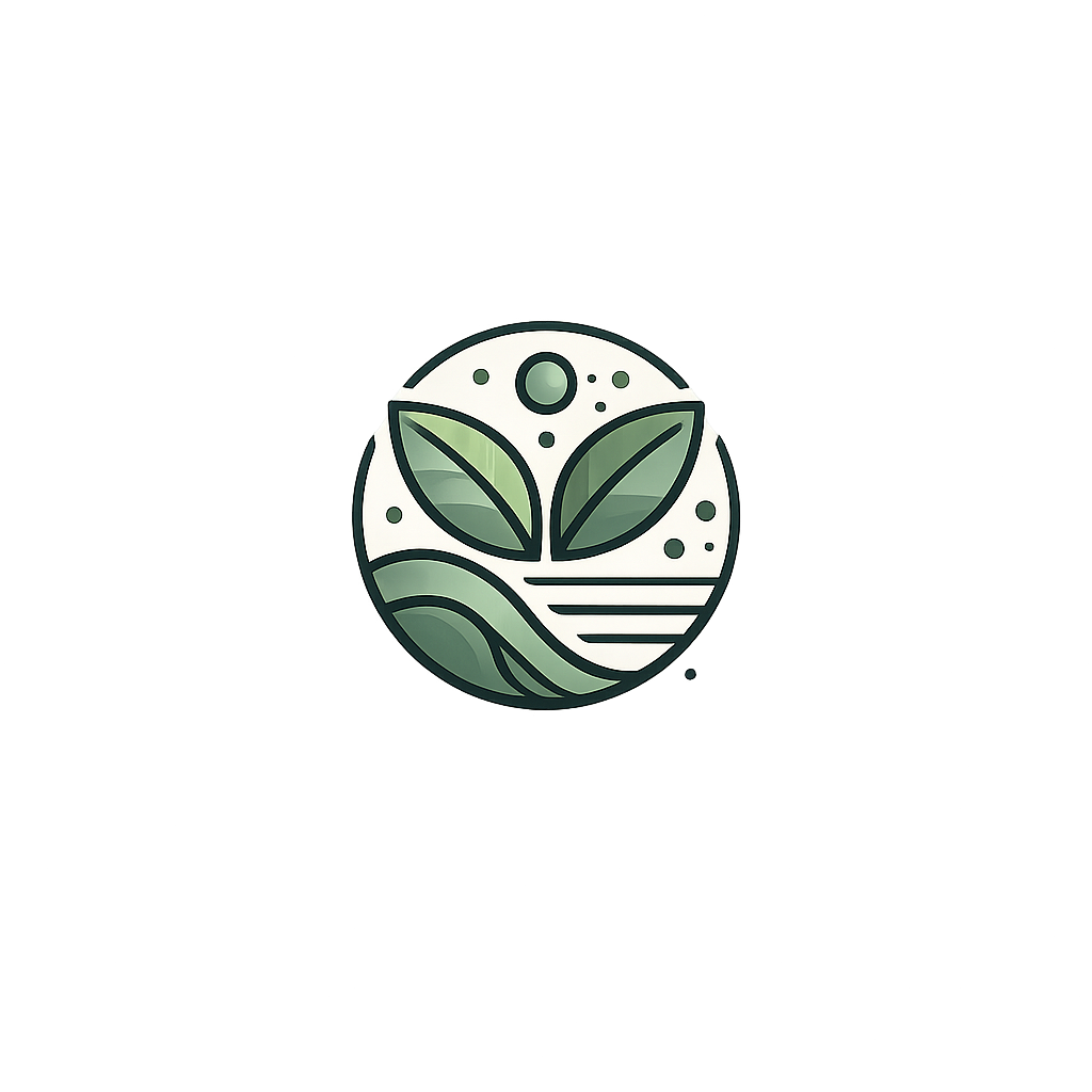 A circular emblem featuring stylized green leaves, abstract landscape elements, and a moon or planet above, with a minimalistic and nature-inspired design.