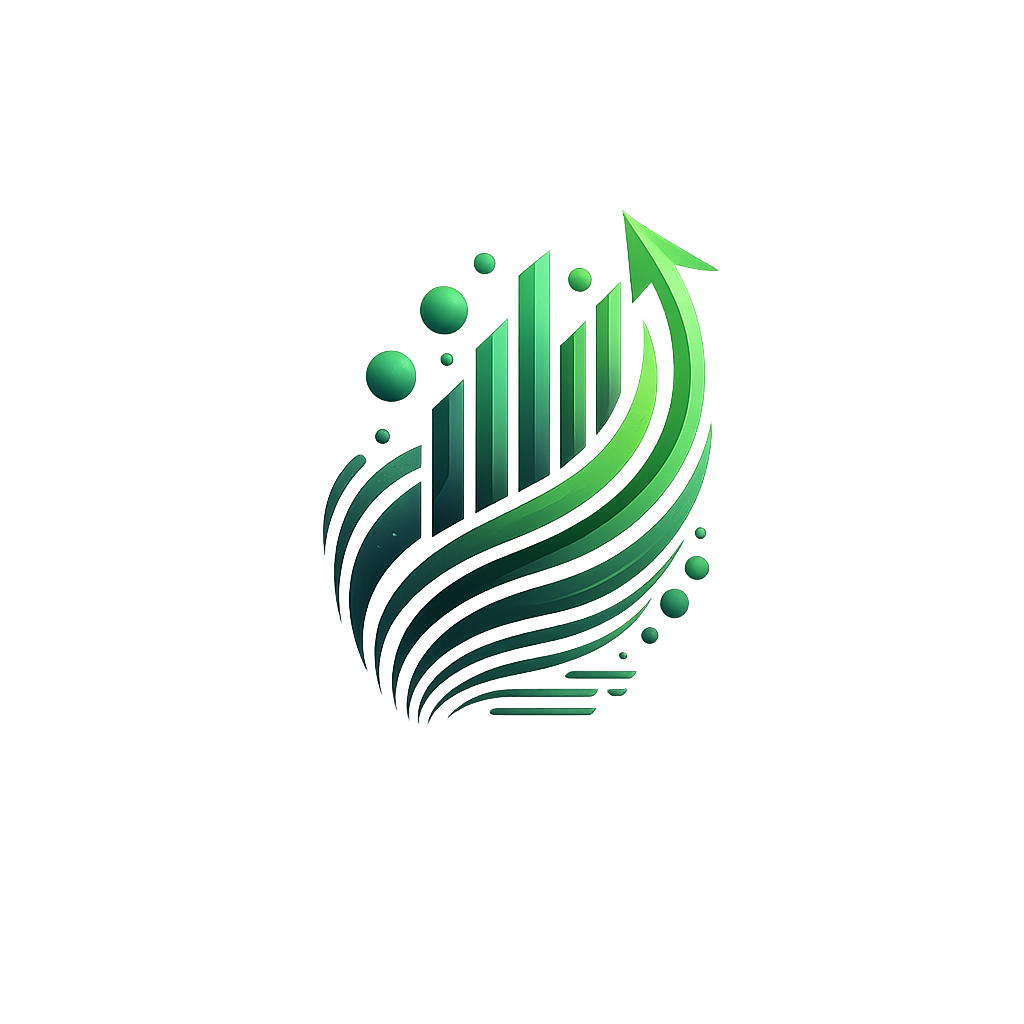 A digital illustration of a green upward arrow combined with a bar chart, glowing against a foggy gray background.