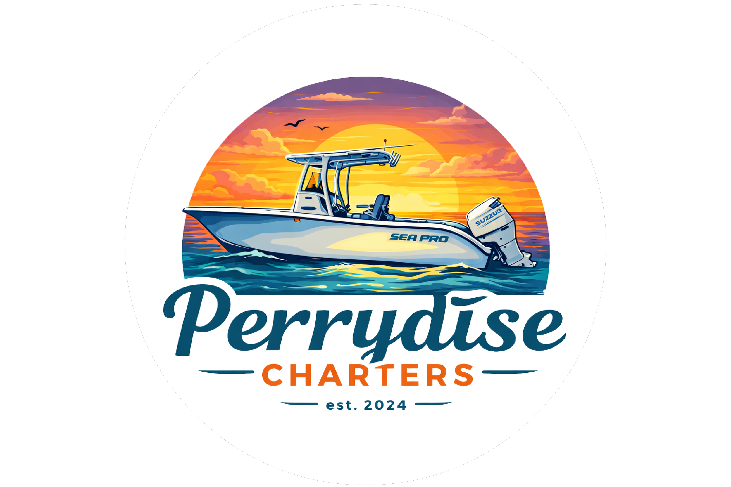 Logo for Perrywise Charters features a boat on the water at sunset with a flying bird in the sky, and text reading 'Perrywise Charters est. 2024'.