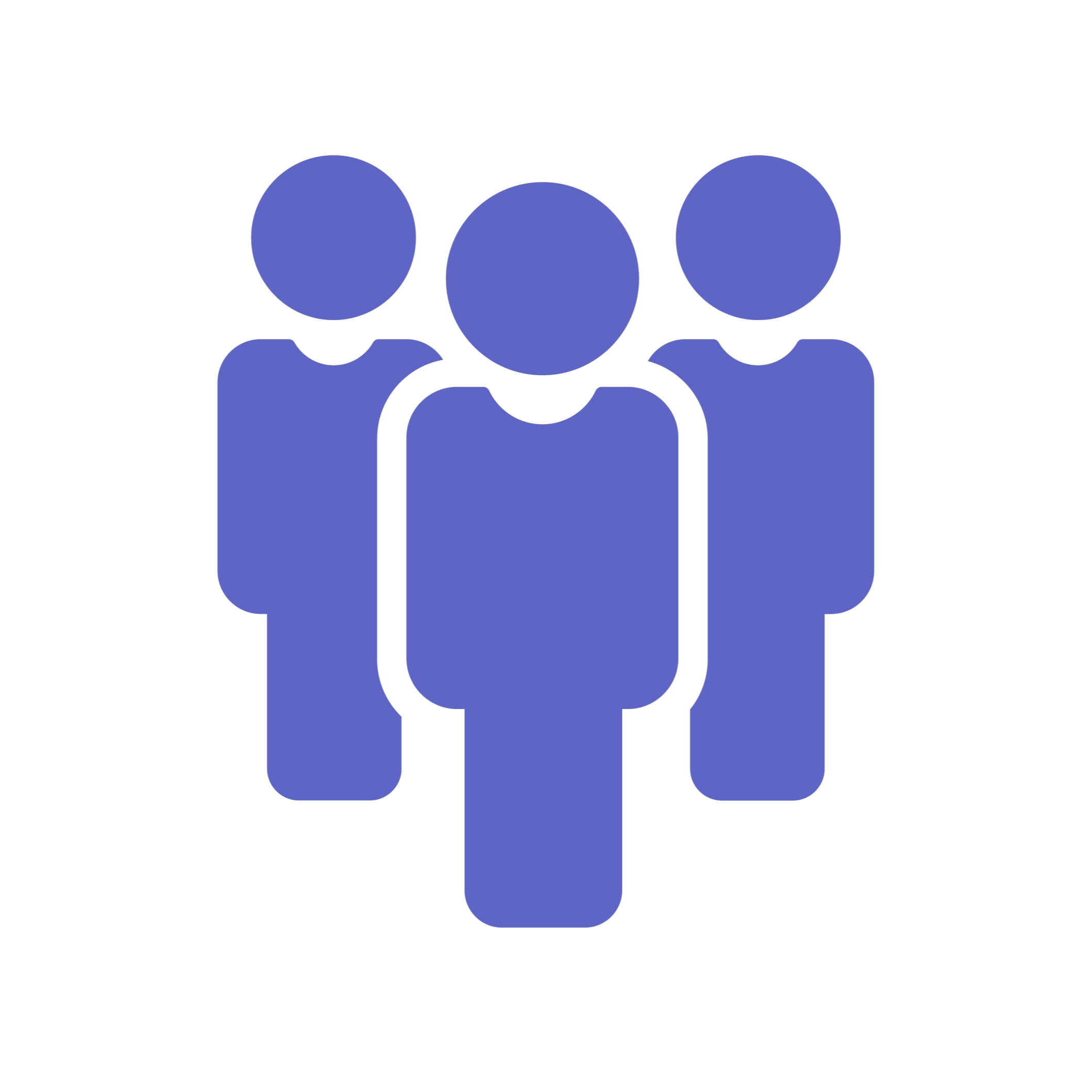 Graphic of three stylized human figures in blue, standing side by side, representing a group of people.