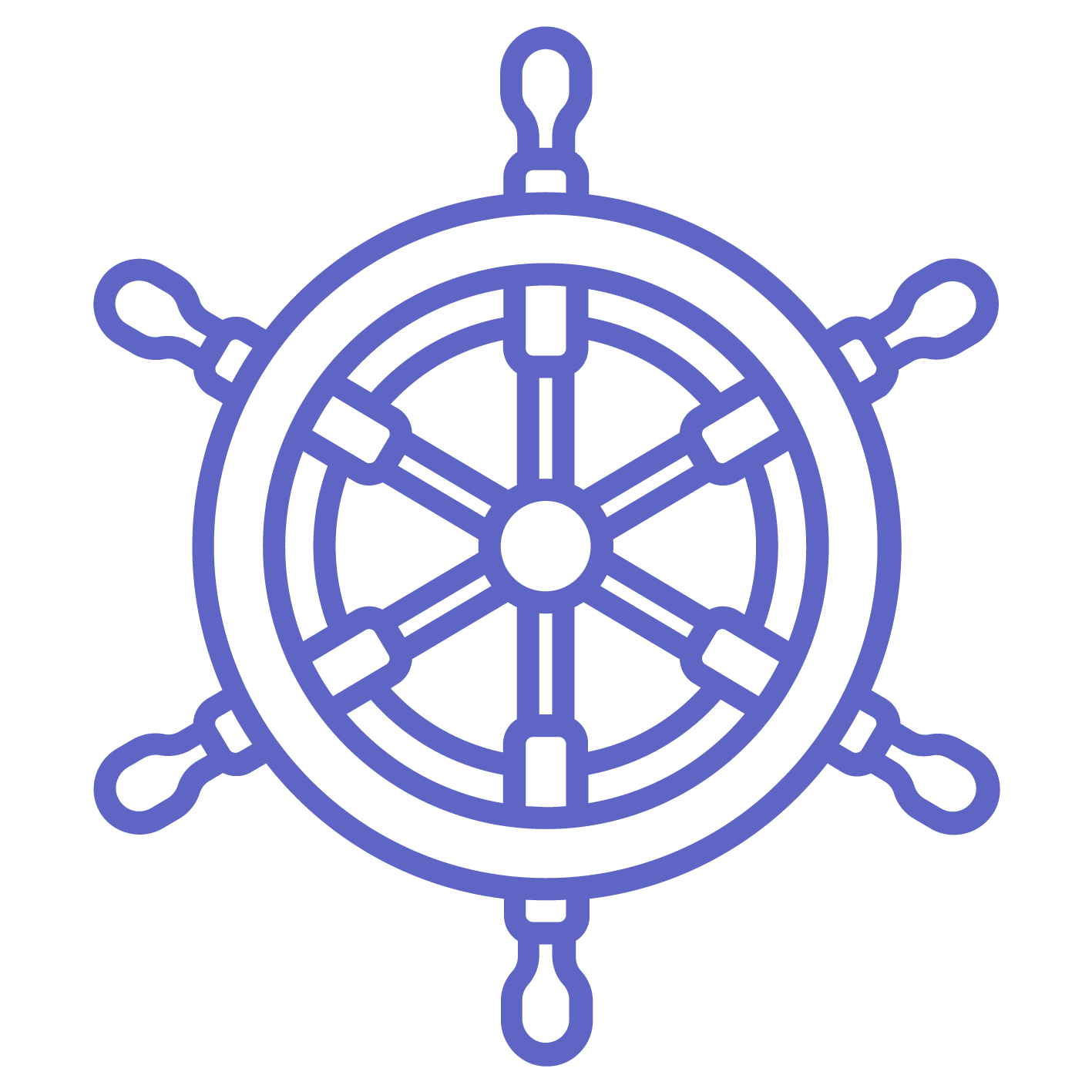 Line drawing of a ship's steering wheel with eight handles.