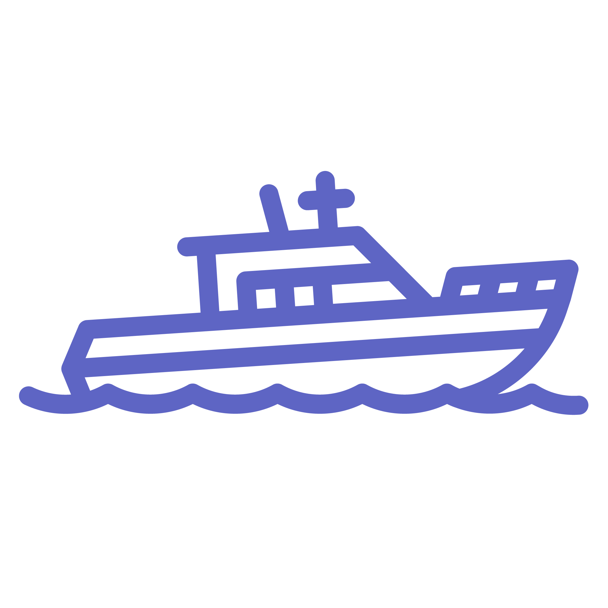 Line drawing of a boat on water, colored purple with a black background.