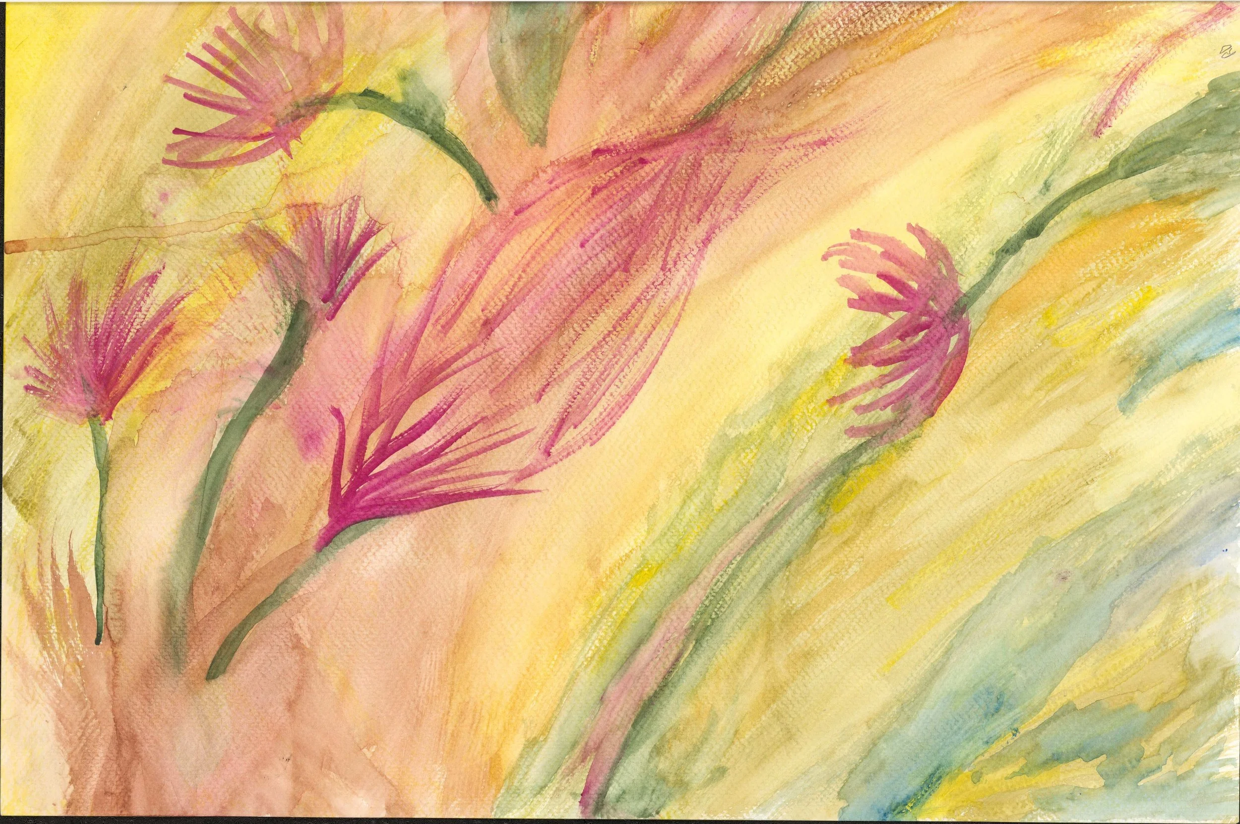 Watercolor painting of pink flowers and green leaves on a soft yellow background.