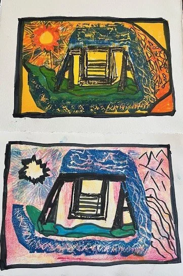 Two colorful paintings of a swing, each with a different background. The top painting has a bright sun in the upper left corner and a yellow background. The bottom painting features a star-like shape in the upper left corner with a pink background.