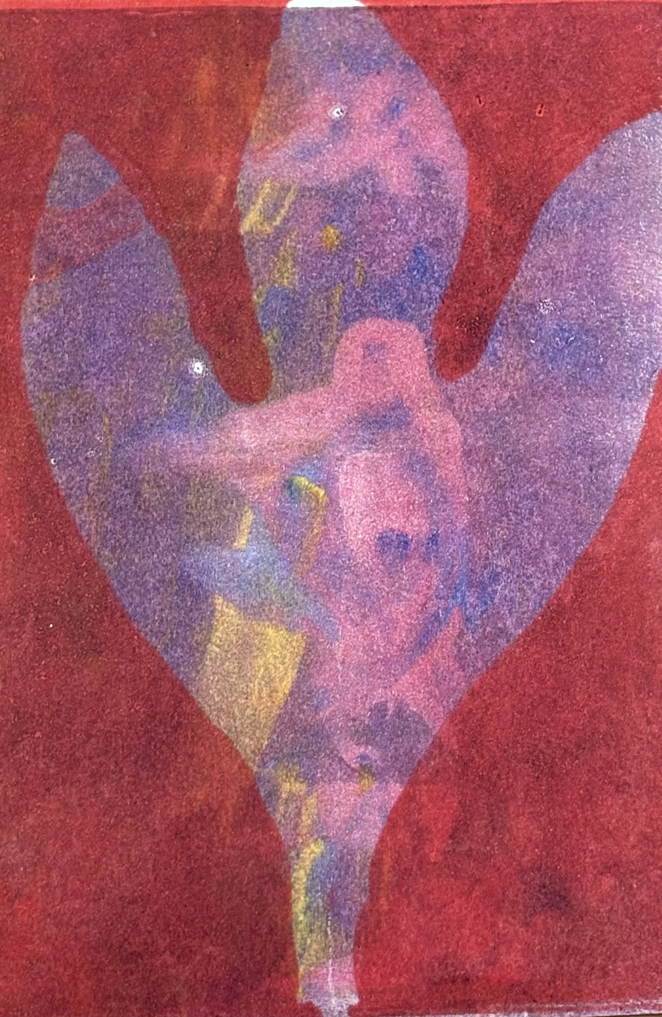 A covered heart-shaped violin with a collage of images, including a face with eyes, nose, and mouth, on a red background.