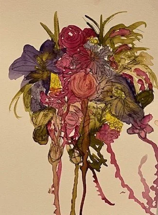 A watercolor painting of a bouquet of various flowers with pink, purple, yellow, and green hues.