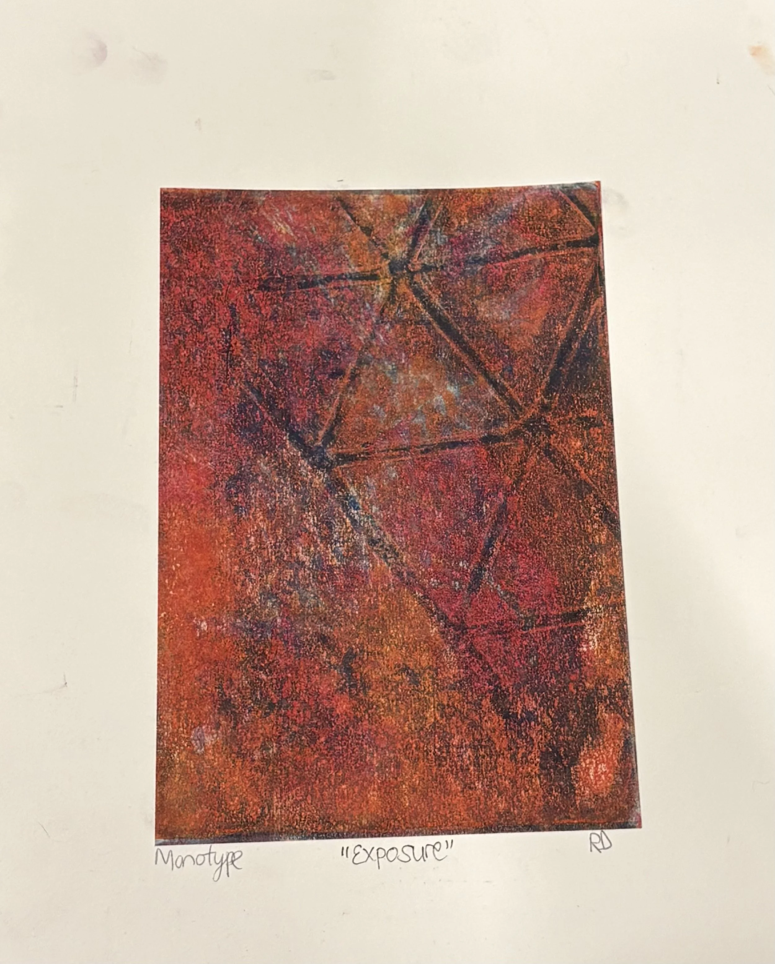 Abstract artwork titled 'Exposure' with a red, orange, and purple textured background and black geometric lines.