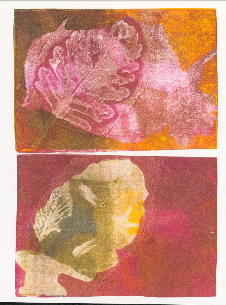 Print of a pink rose flower with a profile of a child's face next to it, in a mixed media art style.