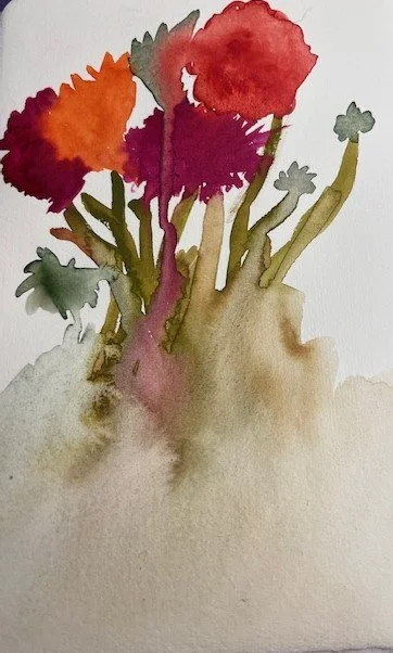 Watercolor painting of colorful flowers with red, purple, orange, and green leaves, growing from a mound of earth.