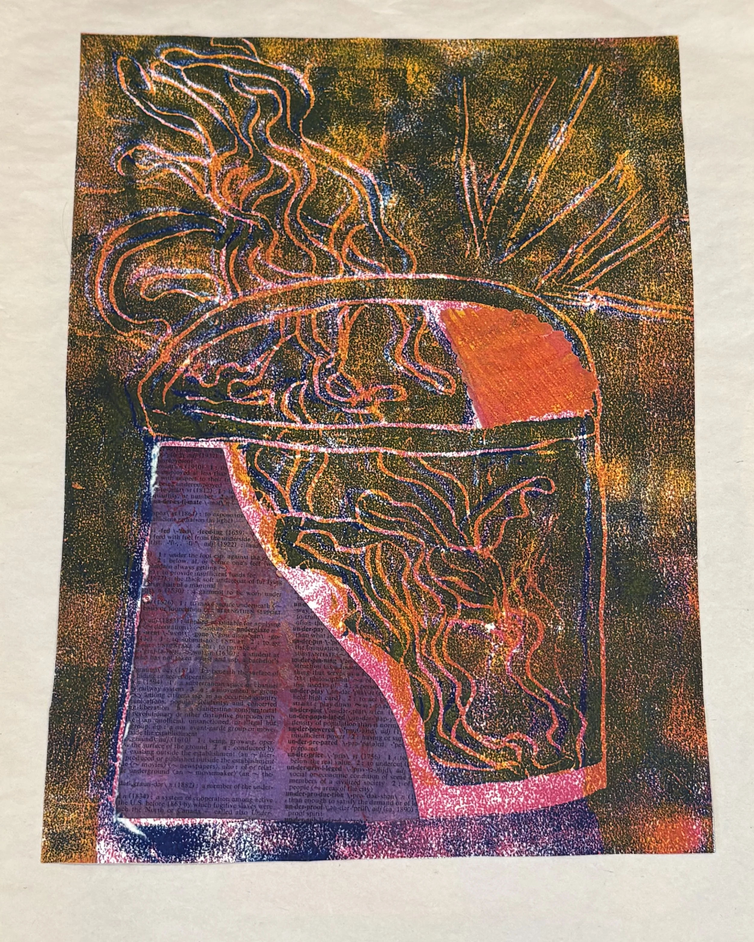 A neon-colored drawing of a glass filled with a beverage, with steam rising from it, created with a stippling technique and overlaid with text.