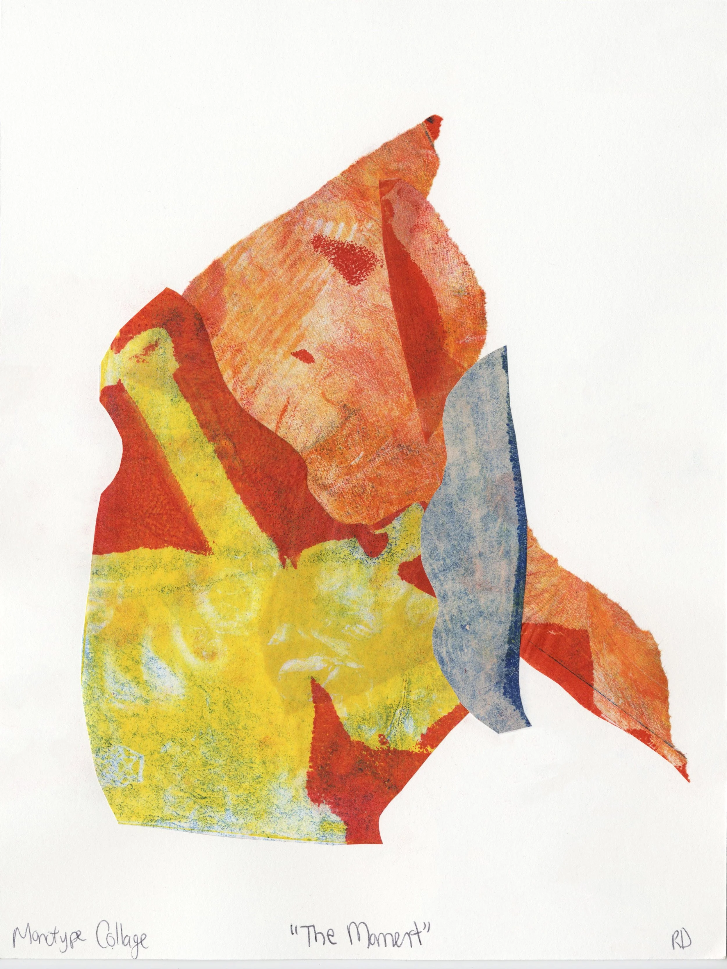 Abstract collage art titled "The Moment" created with torn pieces of paper in red, orange, yellow, and blue, arranged on a white background.