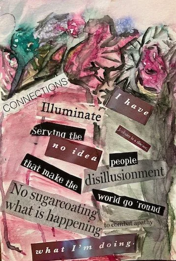 Abstract watercolor art with cut-out words and phrases about disillusionment, hope, and activism, featuring pink, green, black, and white colors.