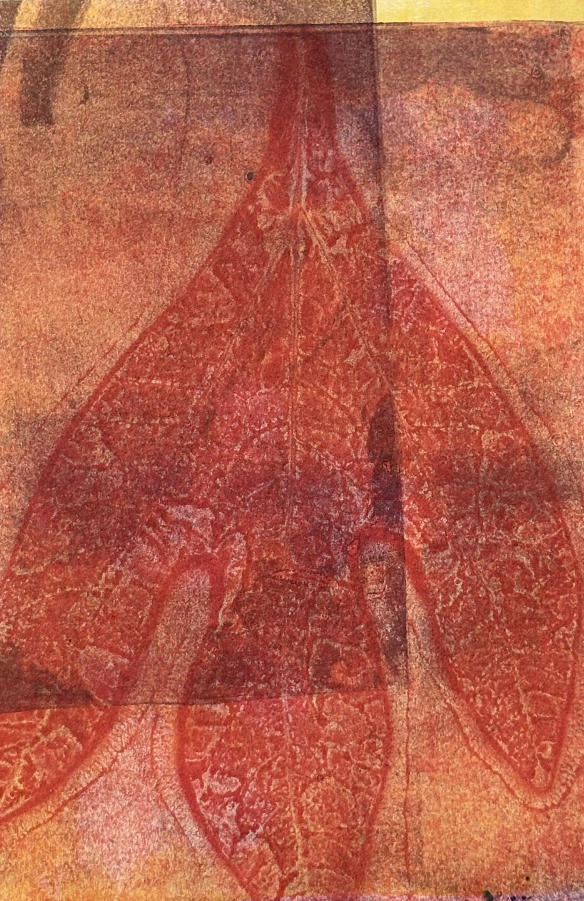 Close-up of a red leaf with detailed vein structure, overlapping with an aged, textured paper or surface.