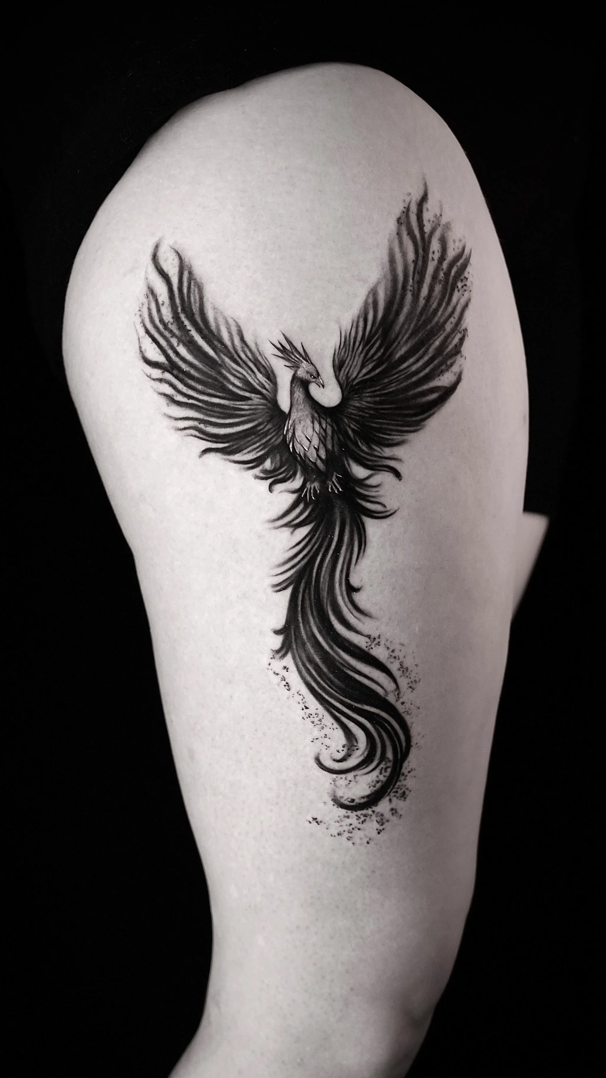 Phoenix Black and Grey Thigh Tattoo