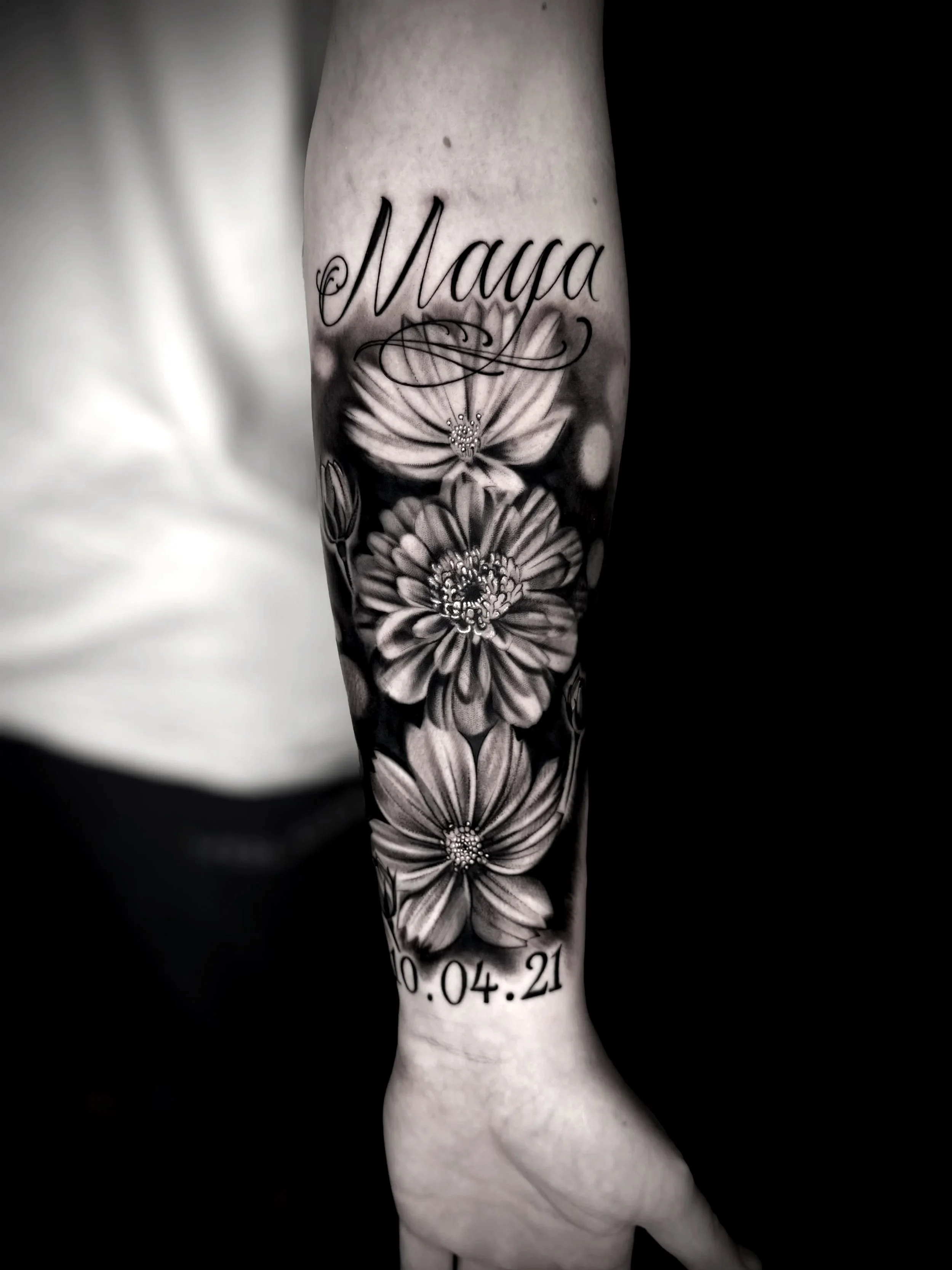 Floral Script Black and Grey Tattoo