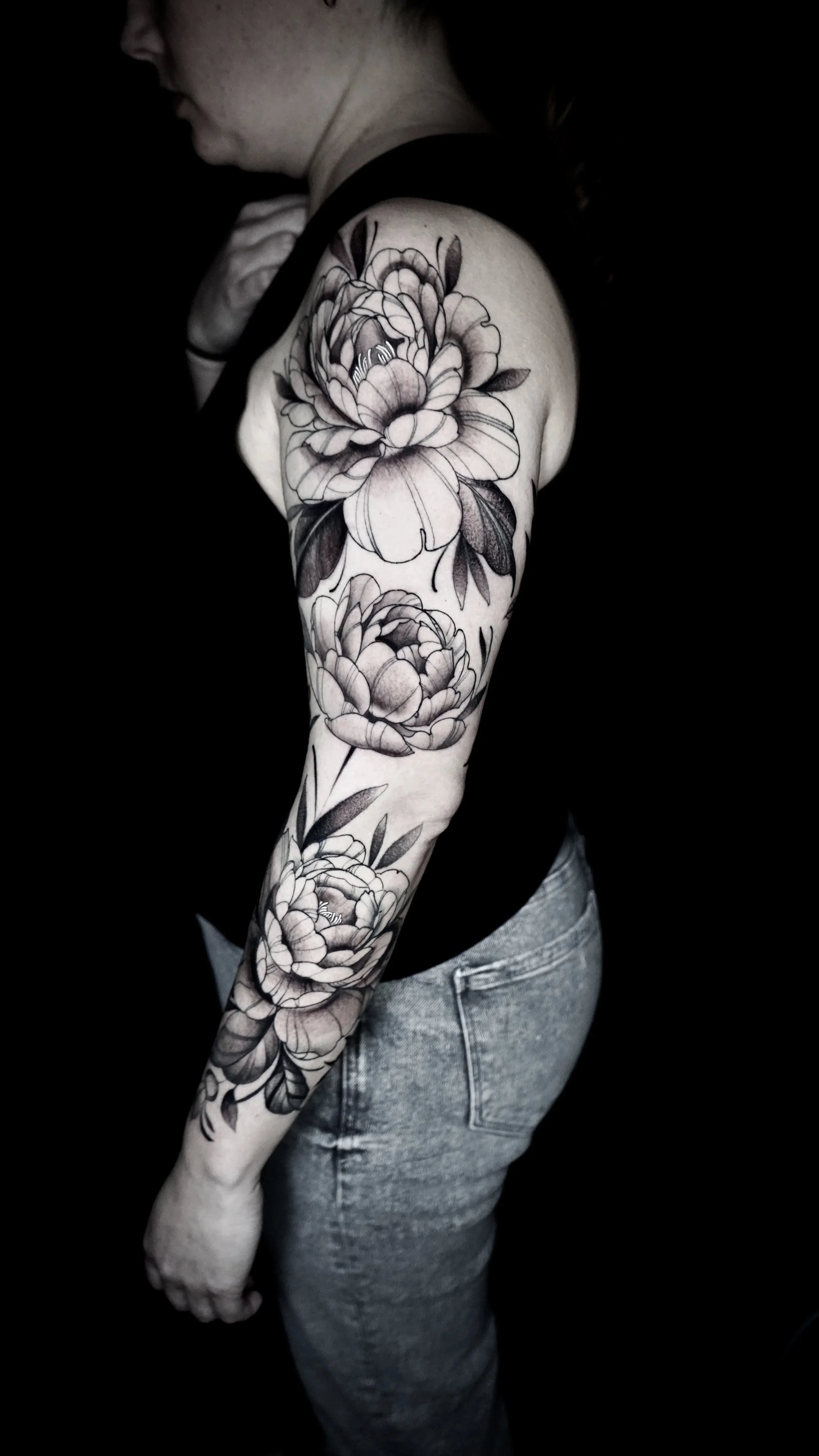 Peonies Black and Grey Sleeve Tattoo