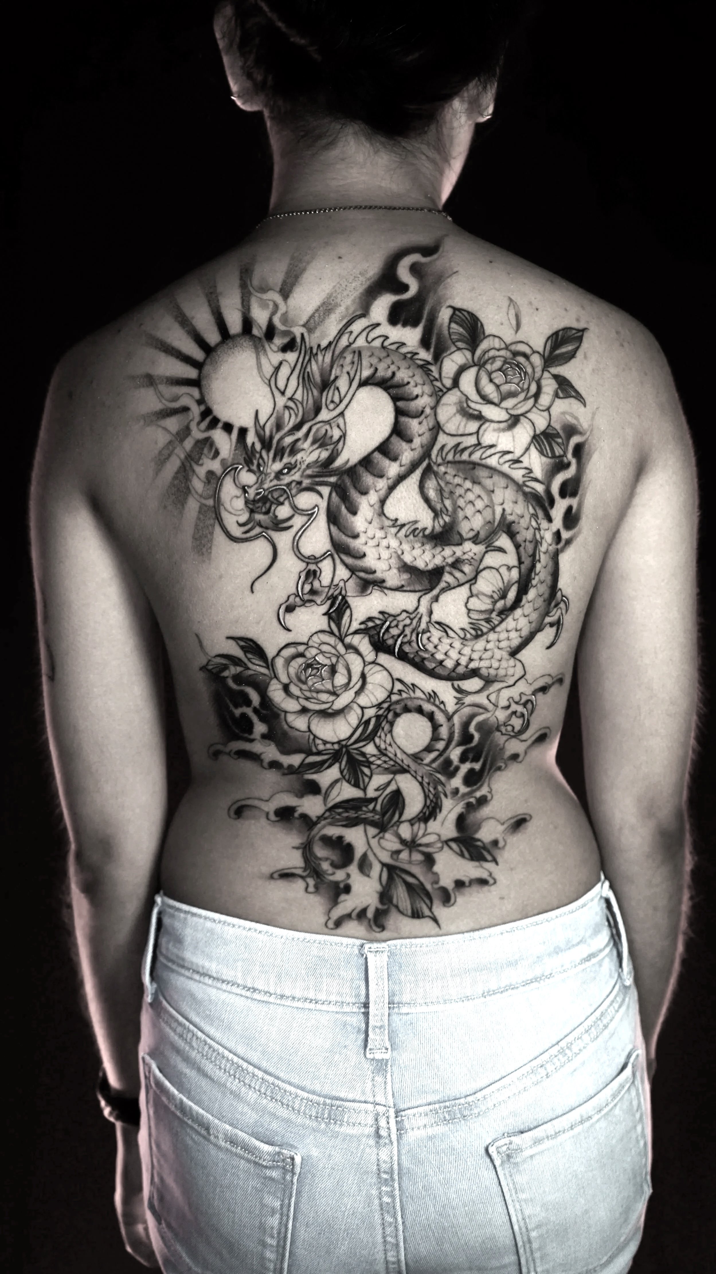 Dragon Black and Grey Back Tattoo