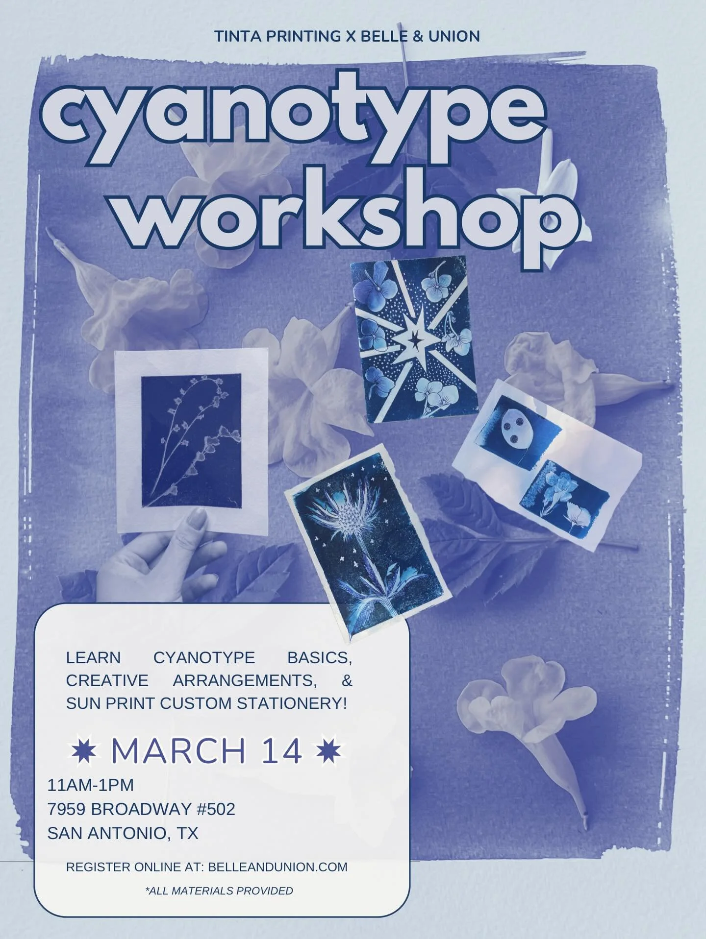 🌀🌞
Join me @belleandunionco on March 14th from 11-1 to learn the joy and magic of sun printing! I will be walking you through the steps to arrange, print, dry, and customize your very own cyanotype stationery! This is an intro class with all materi